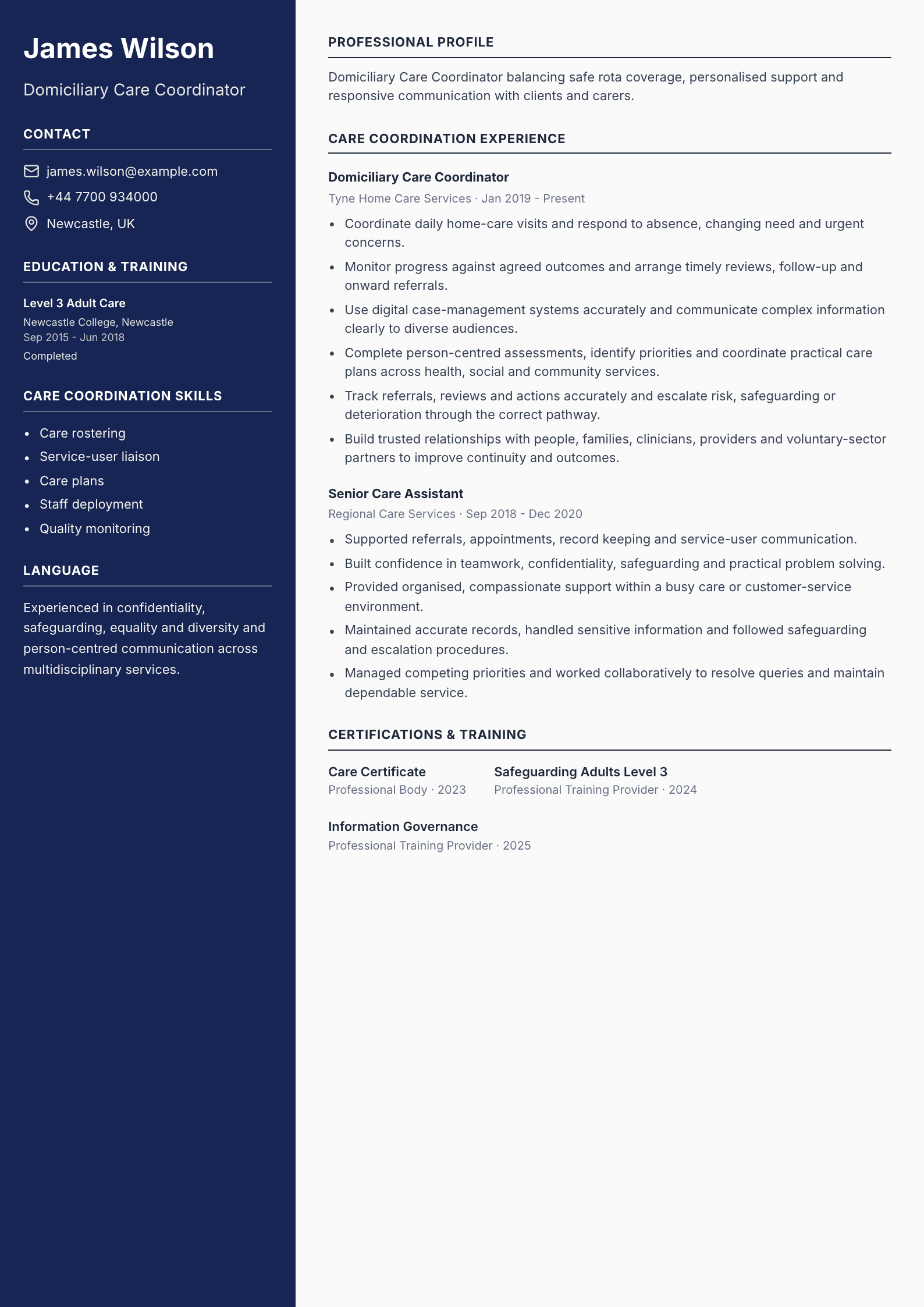 Domiciliary Care Coordinator CV template
