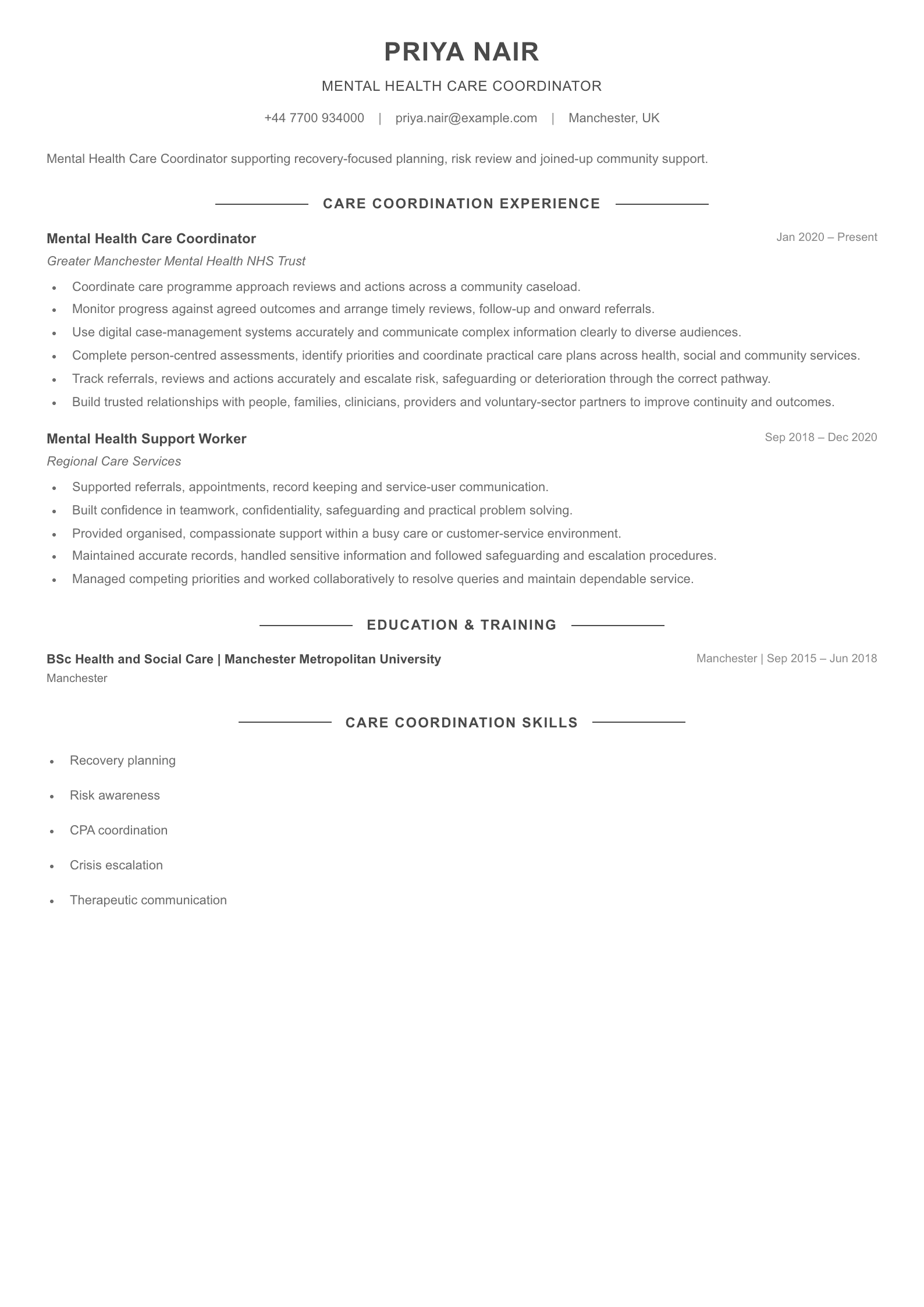 Mental Health Care Coordinator CV template