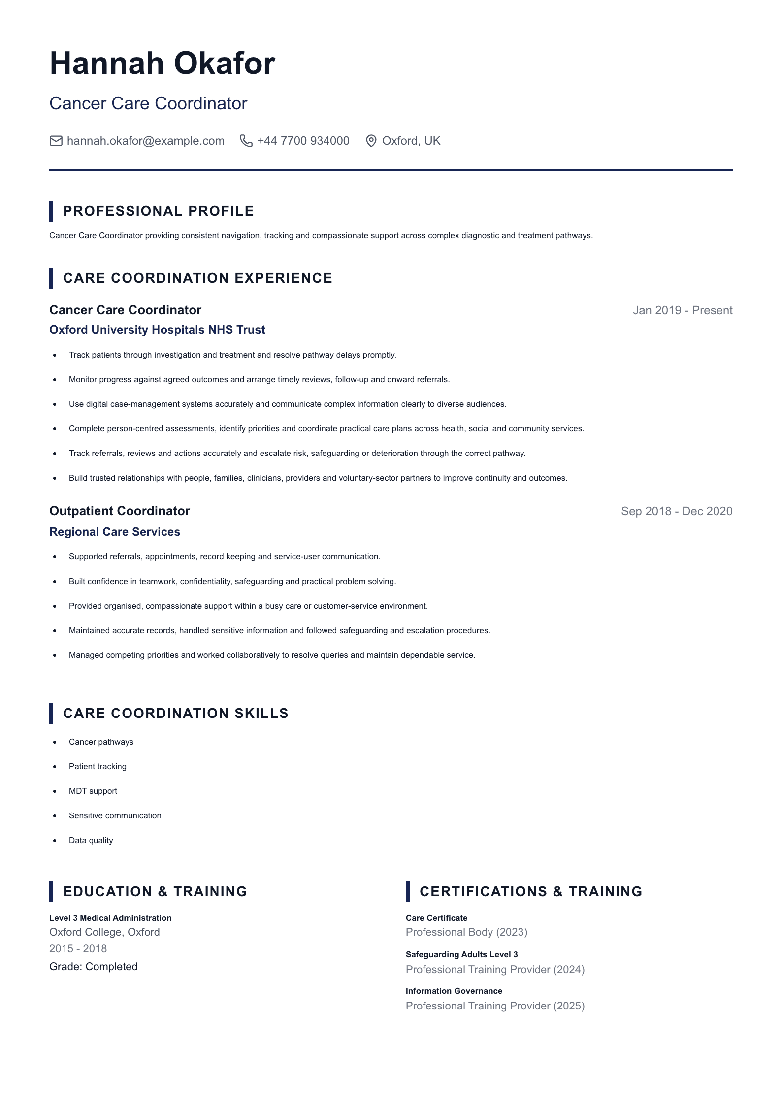 Cancer Care Coordinator CV template