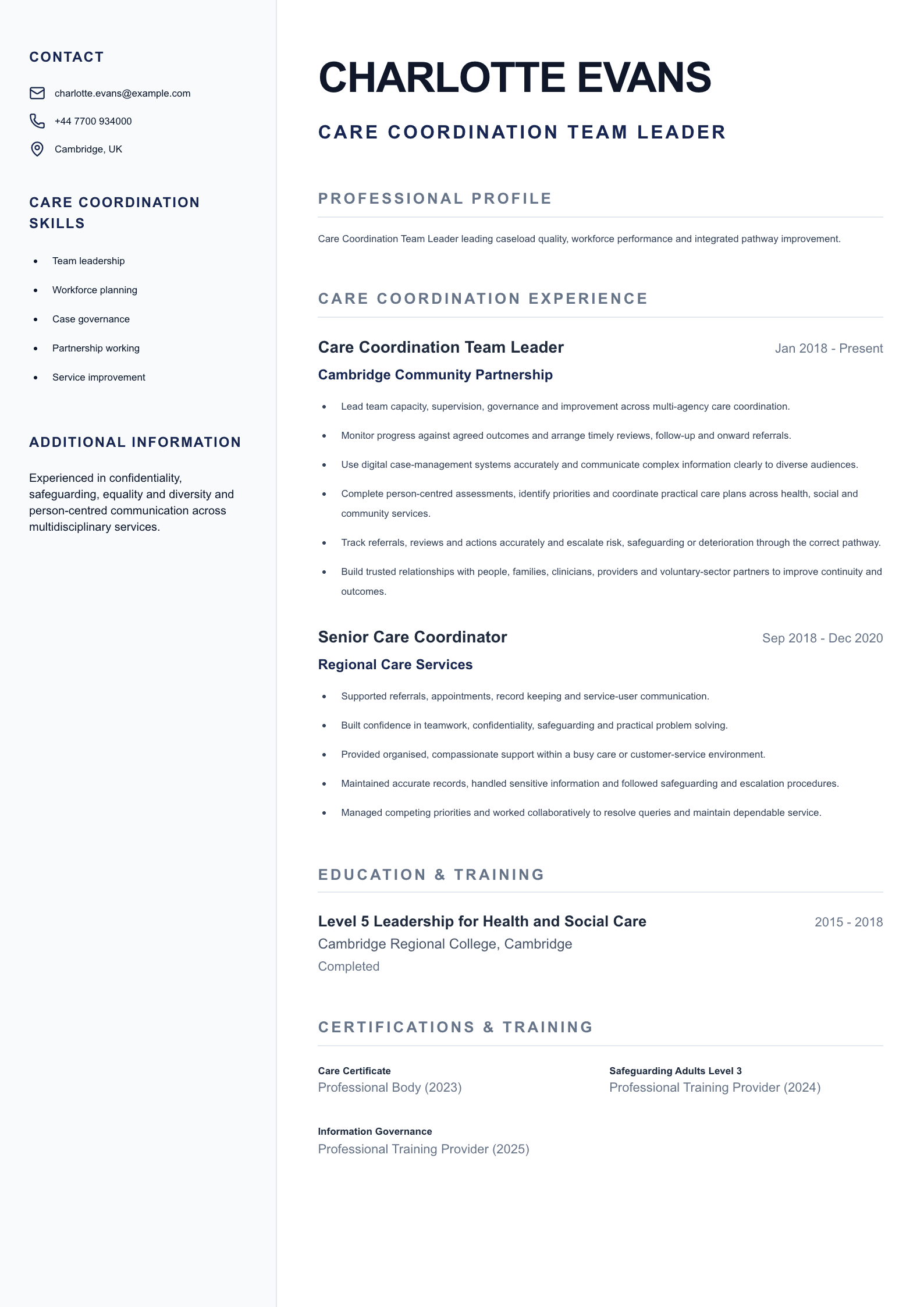 Care Coordination Team Leader CV template