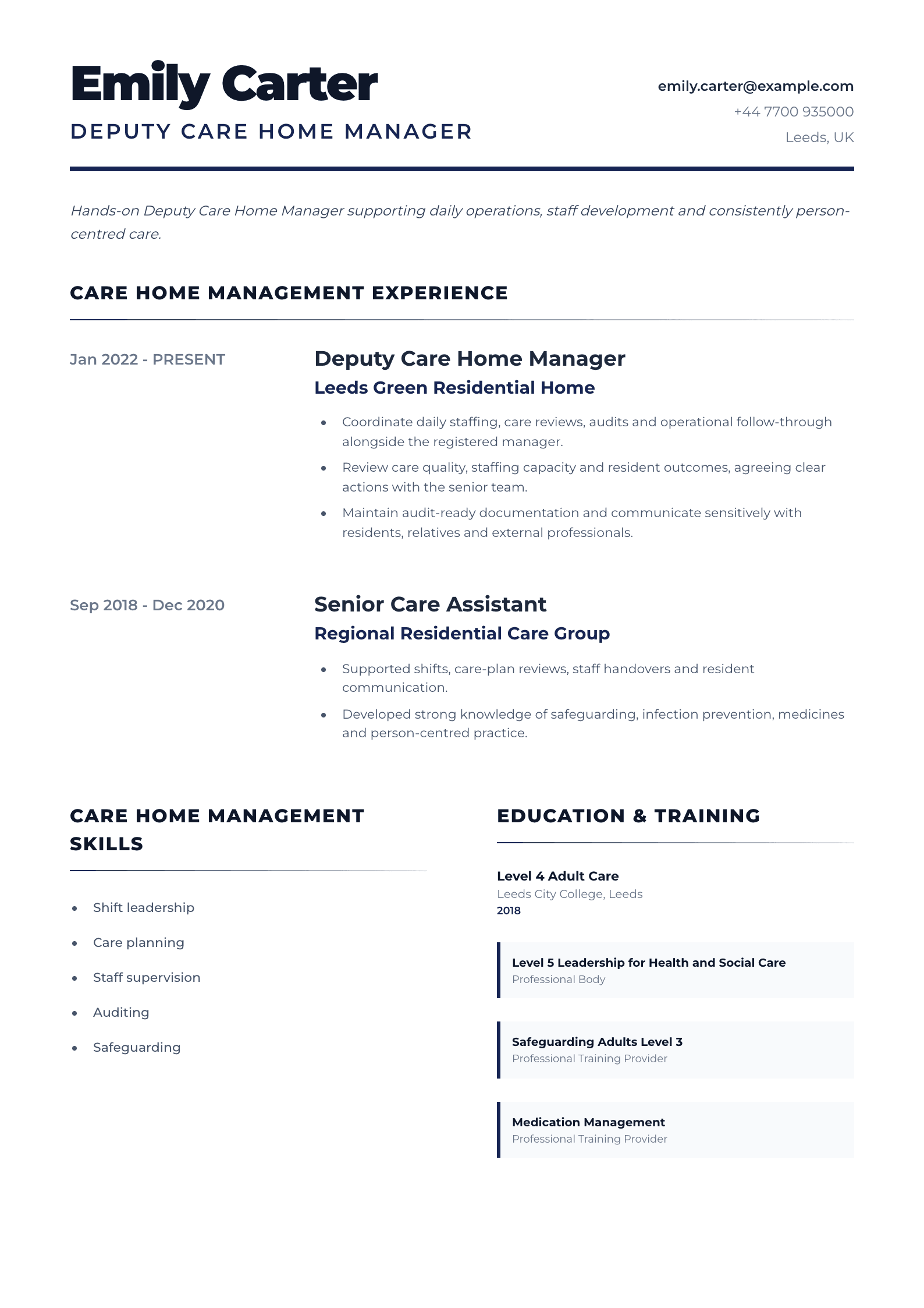 Deputy Care Home Manager CV template
