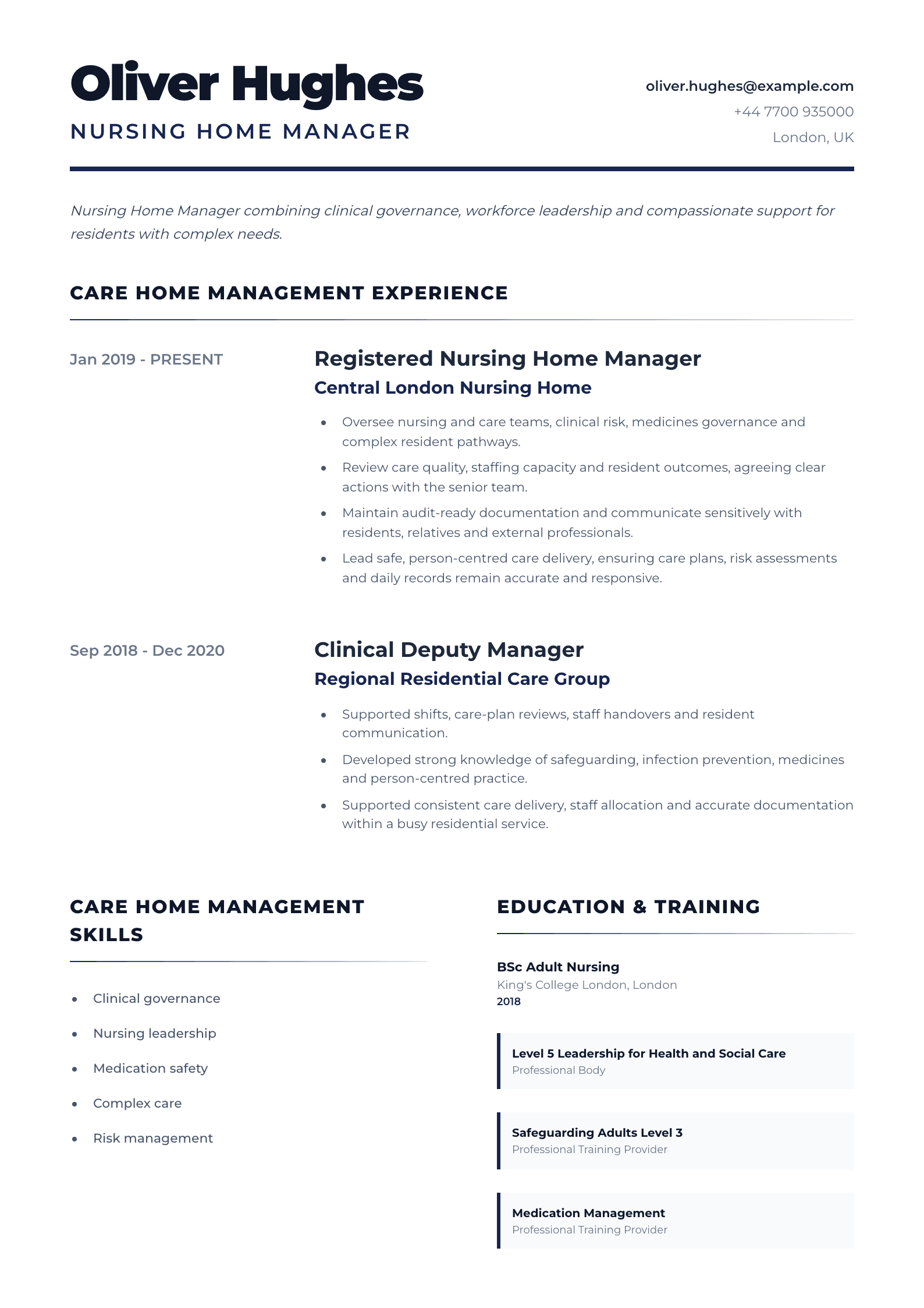 Nursing Home Manager CV template
