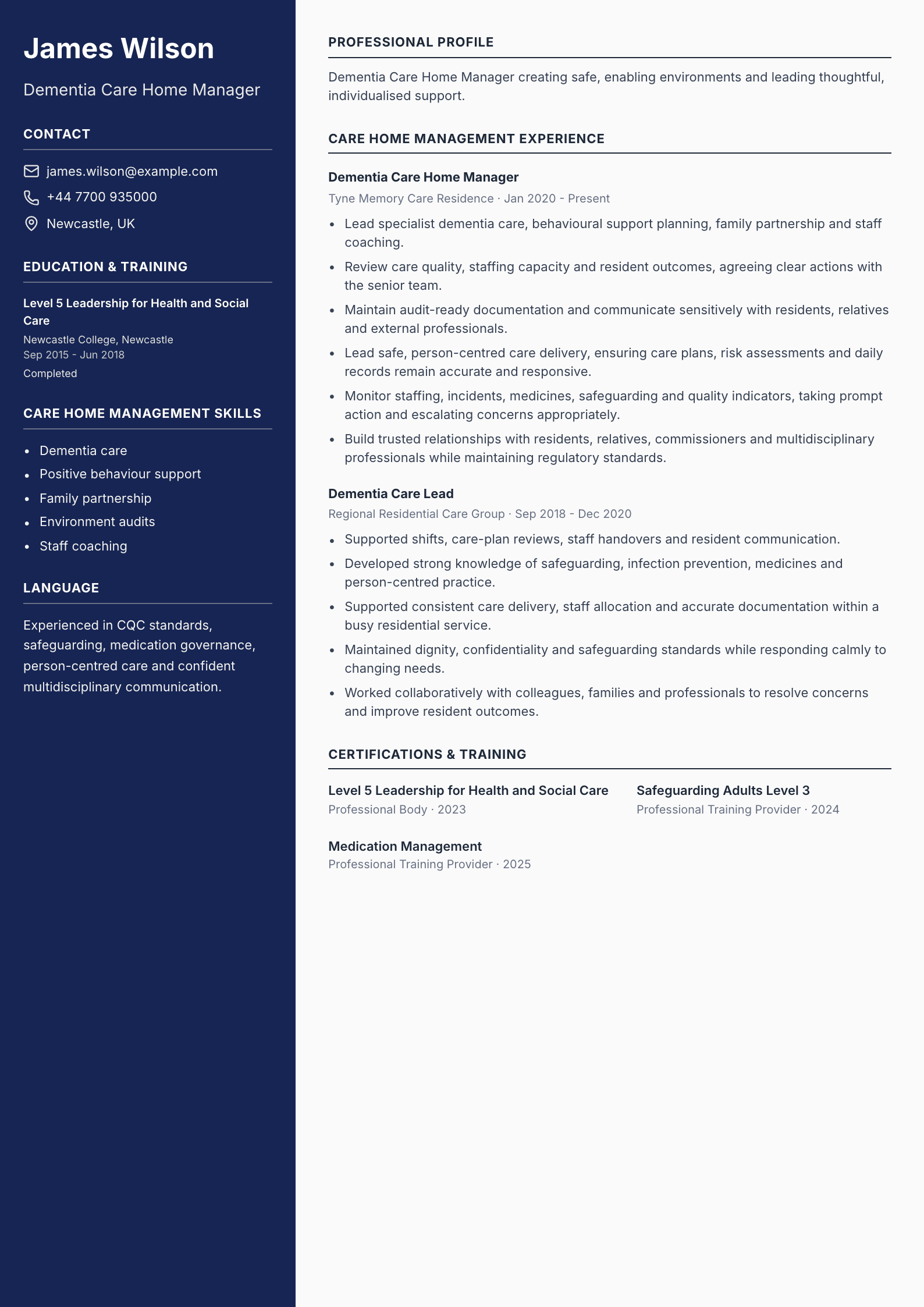 Dementia Care Home Manager CV template