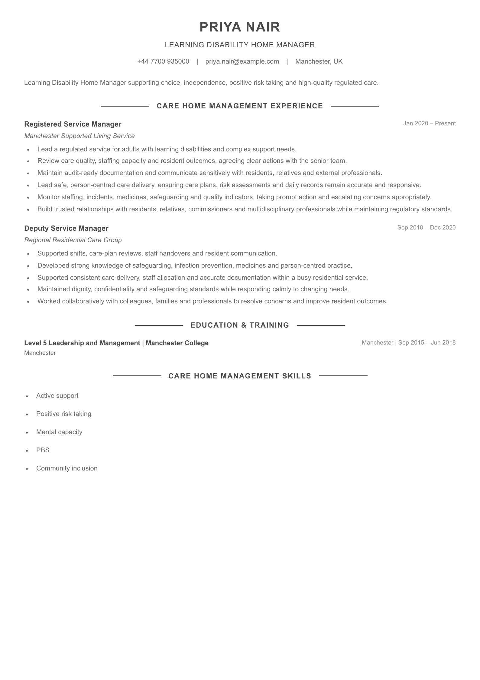 Learning Disability Home Manager CV template