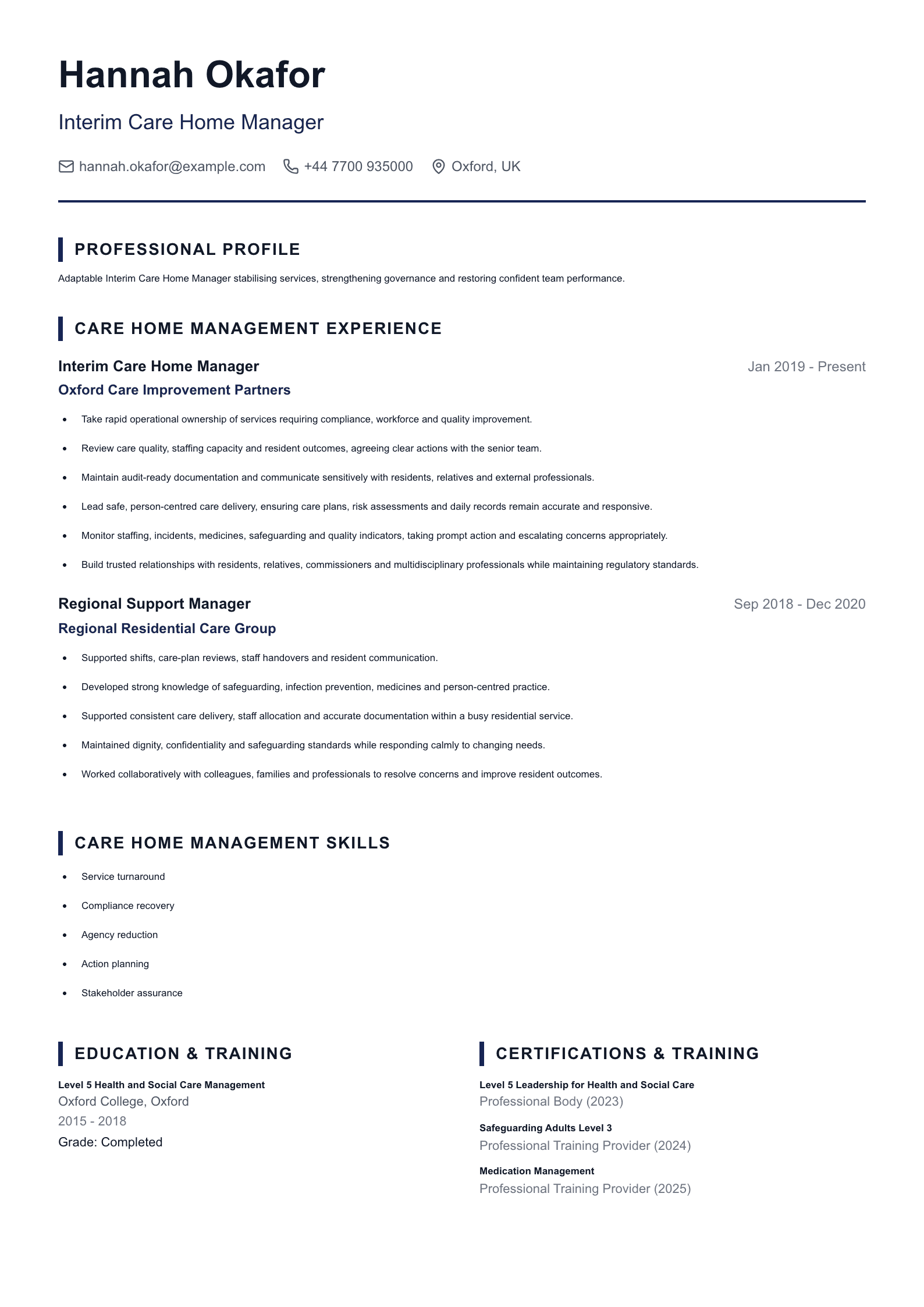 Interim Care Home Manager CV template