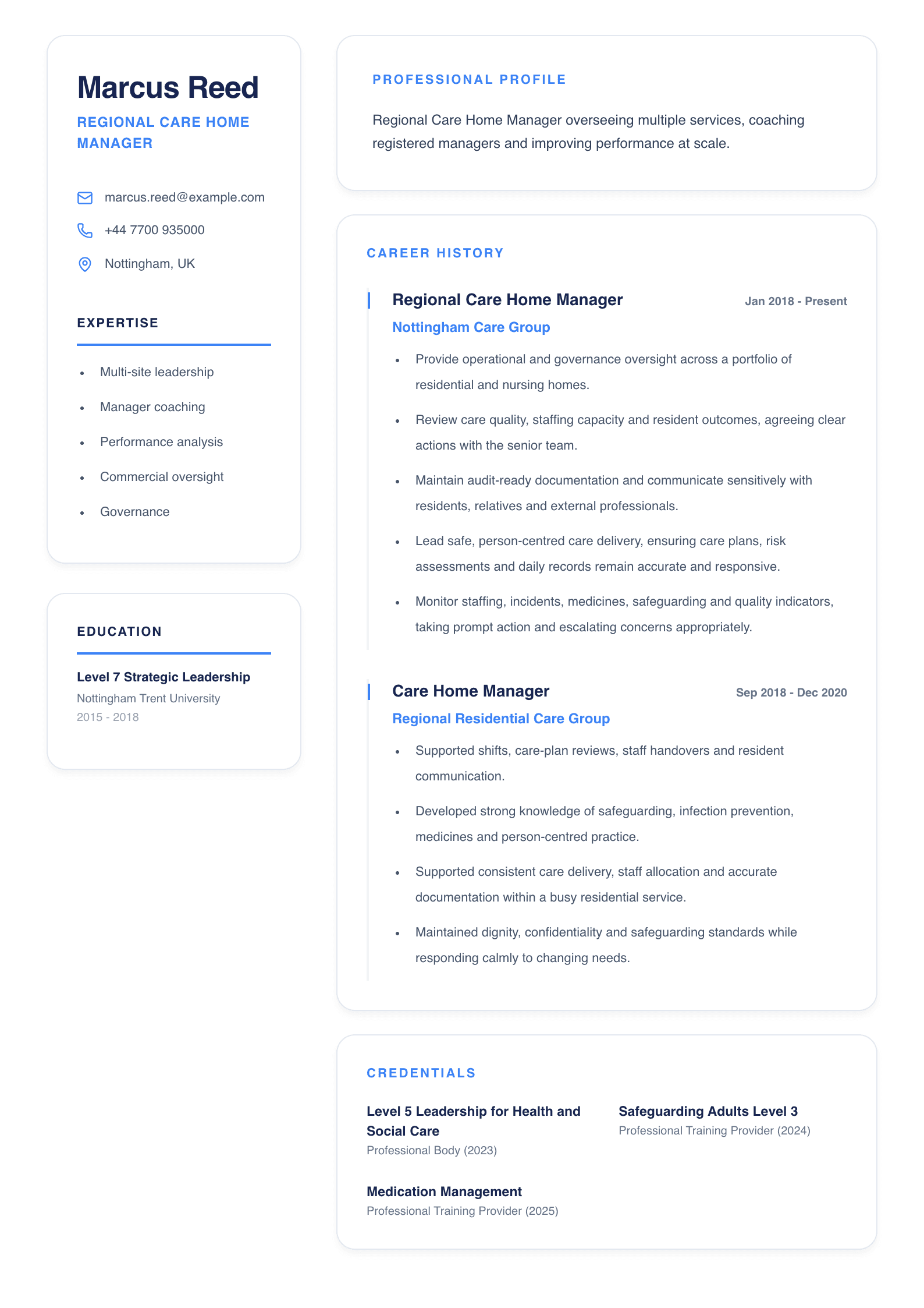 Regional Care Home Manager CV template