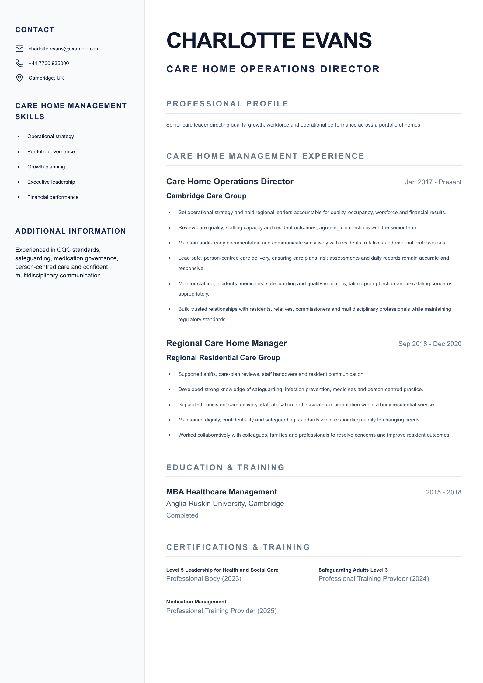 Care Home Operations Director CV template