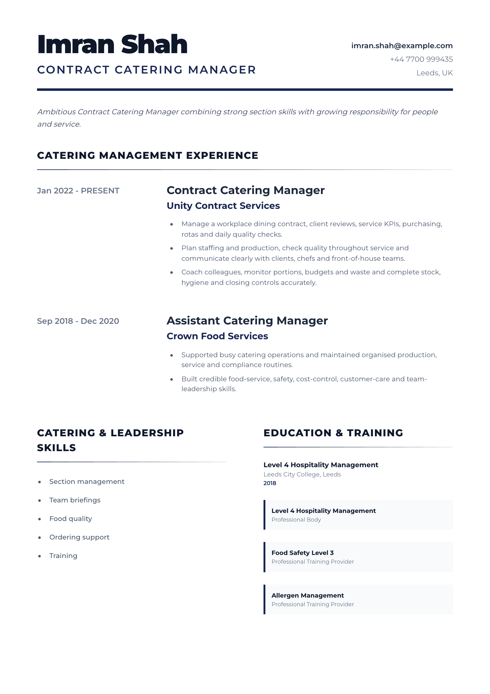 Contract Catering Manager CV template