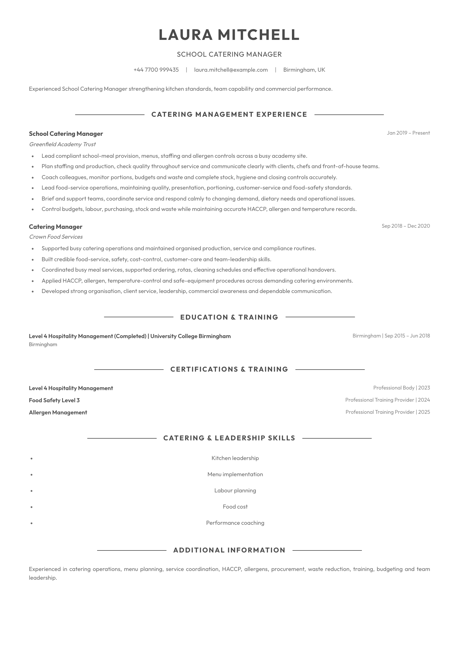 School Catering Manager CV template