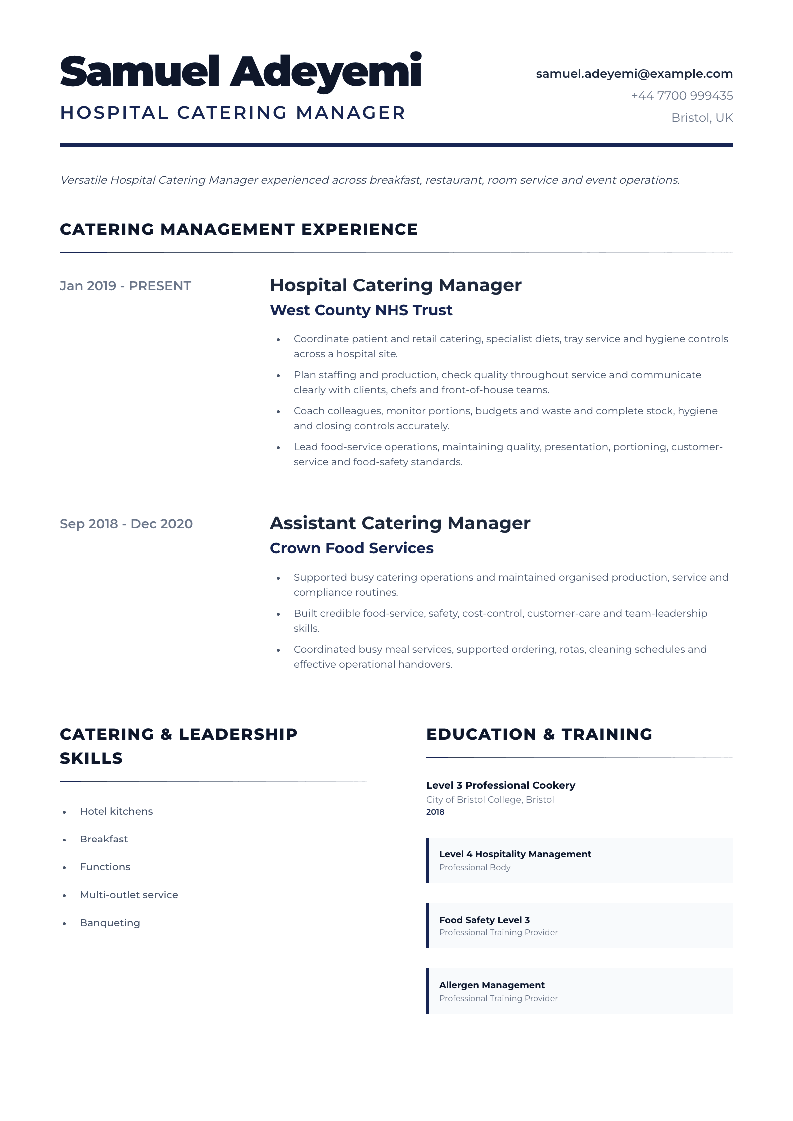 Hospital Catering Manager CV template