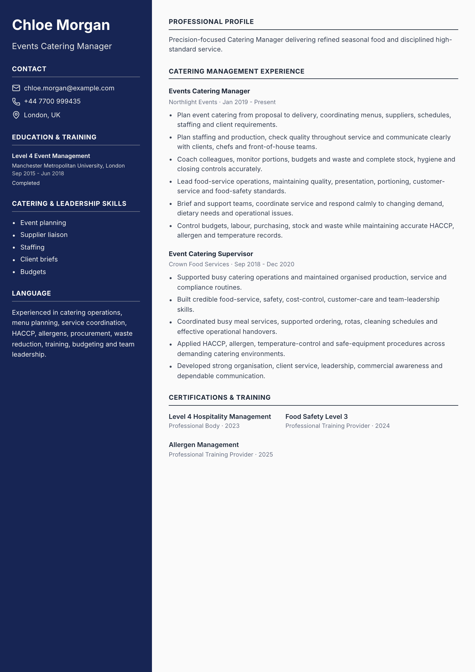 Events Catering Manager CV template