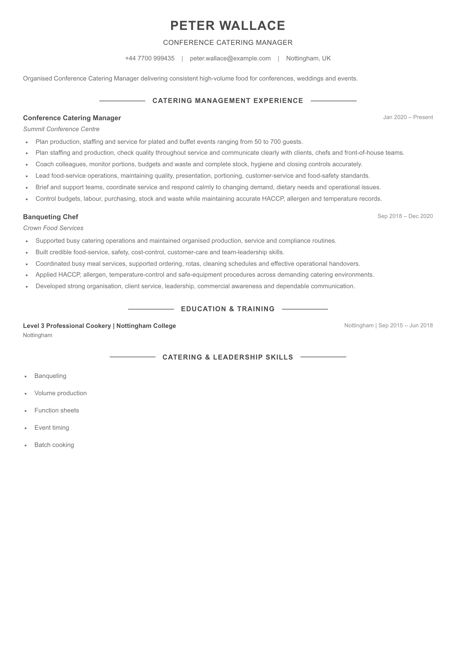 Conference Catering Manager CV template