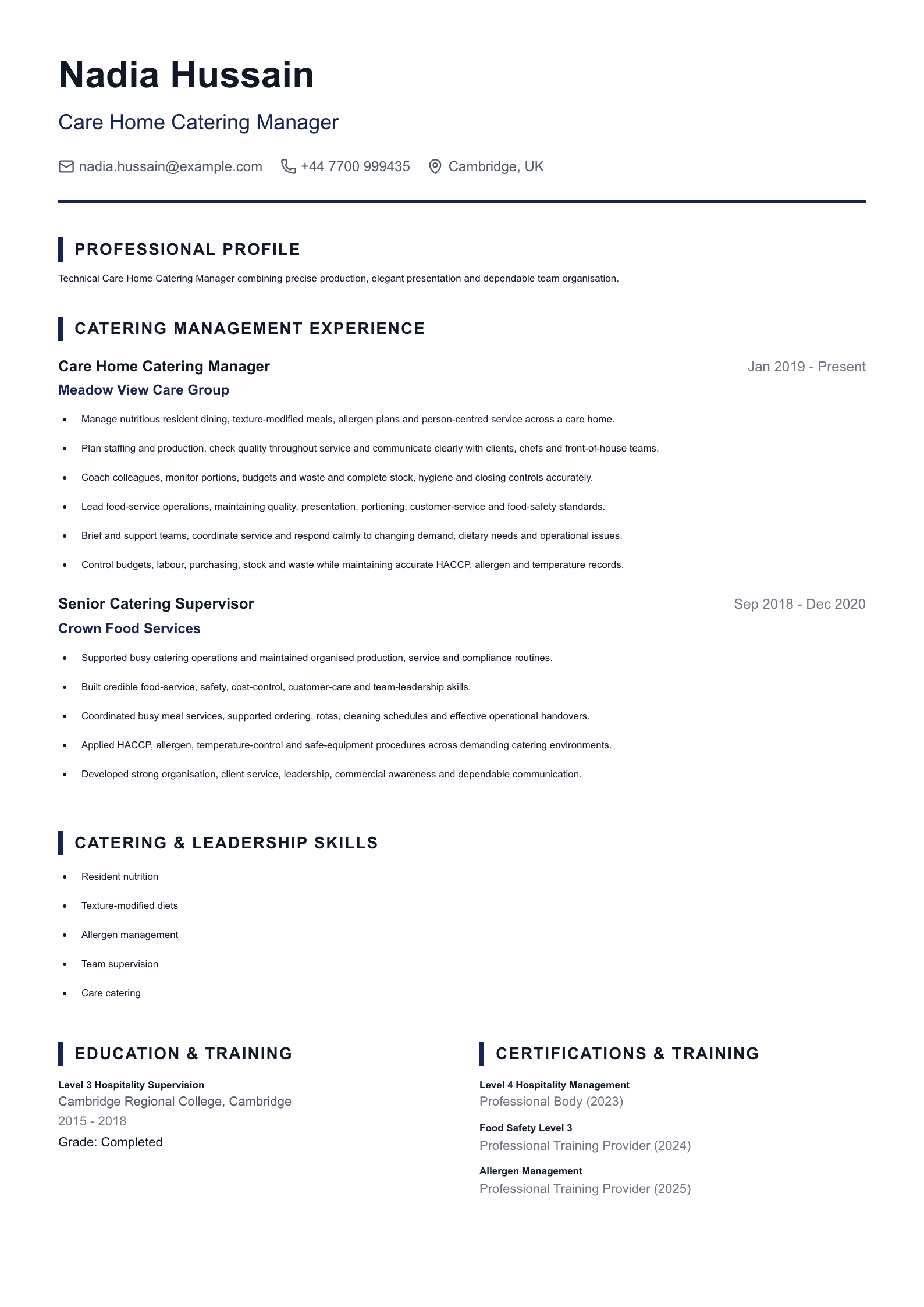Care Home Catering Manager CV template