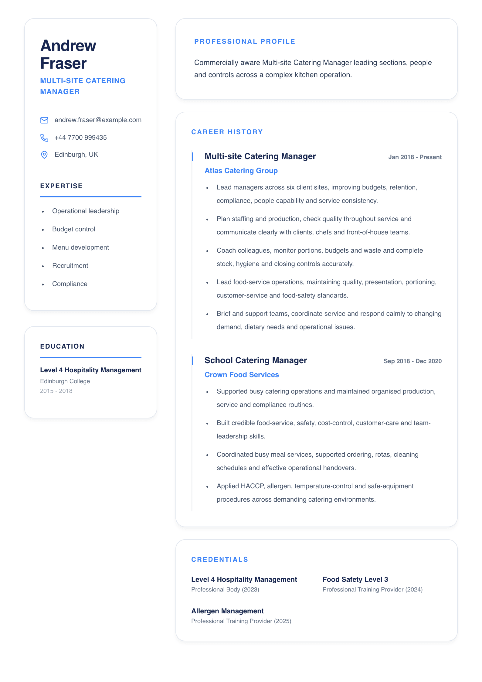 Multi-site Catering Manager CV template