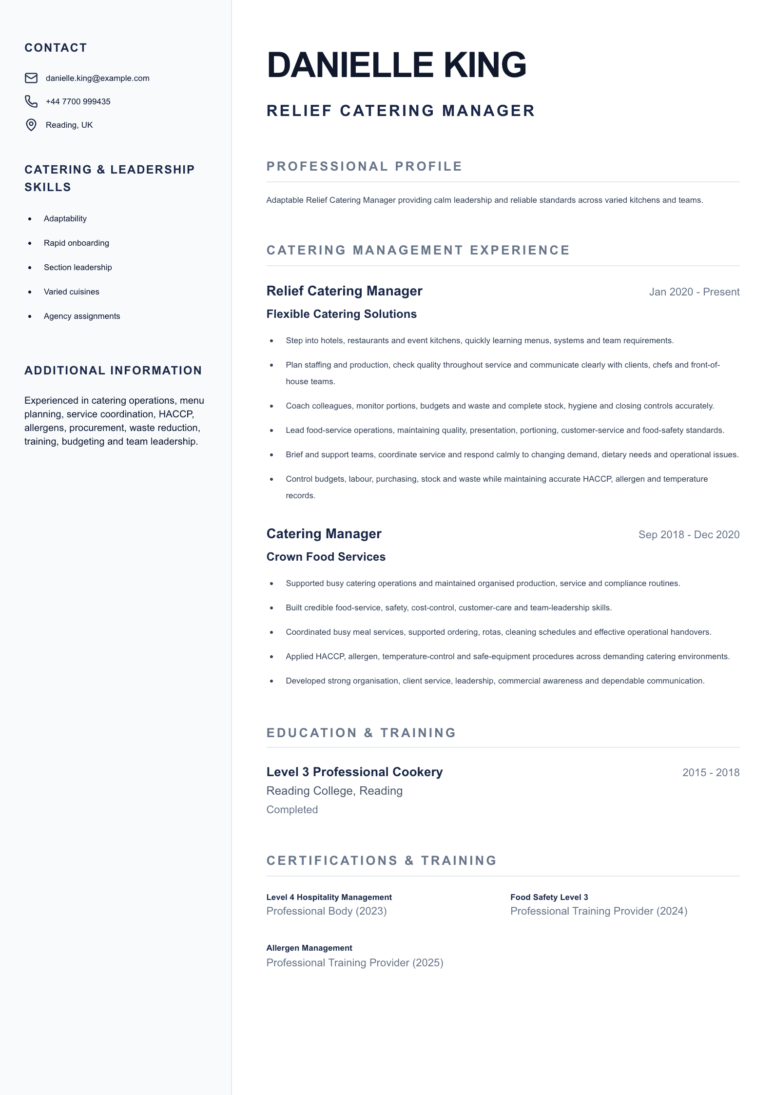 Relief Catering Manager CV template