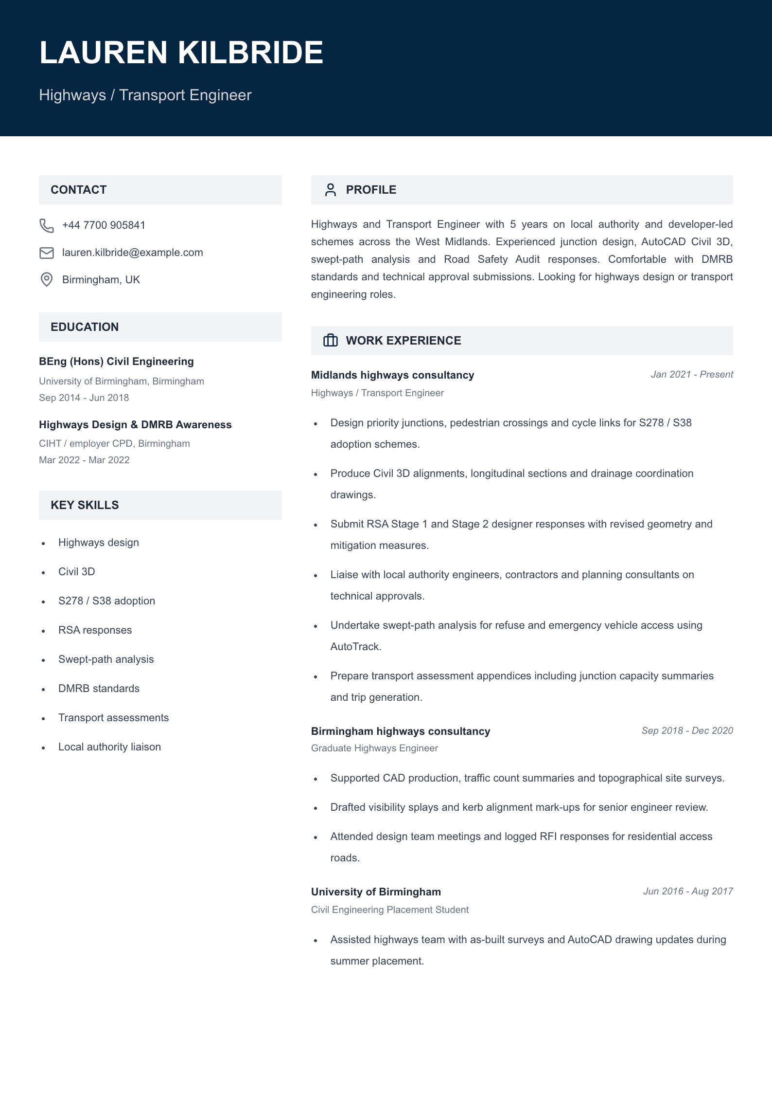 highways transport engineer cv template