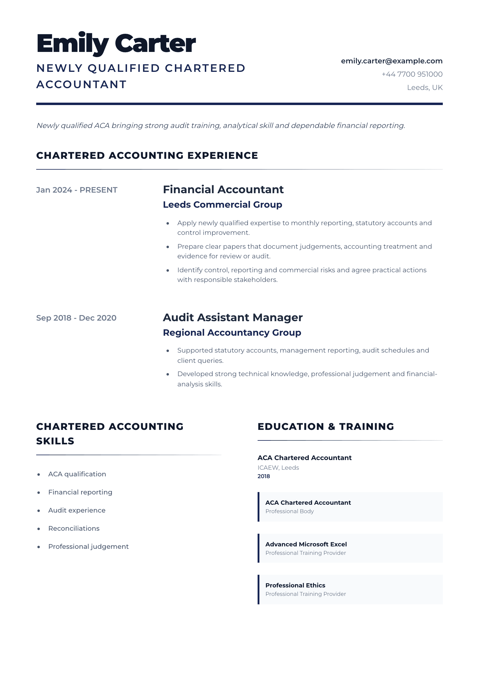 Newly Qualified Chartered Accountant CV template