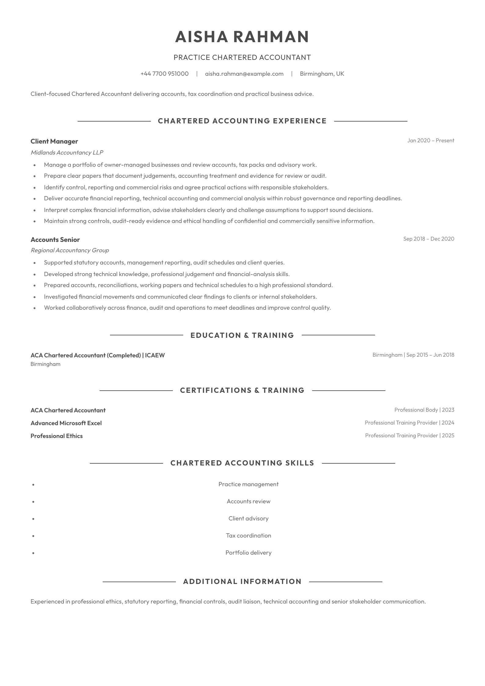Practice Chartered Accountant CV template