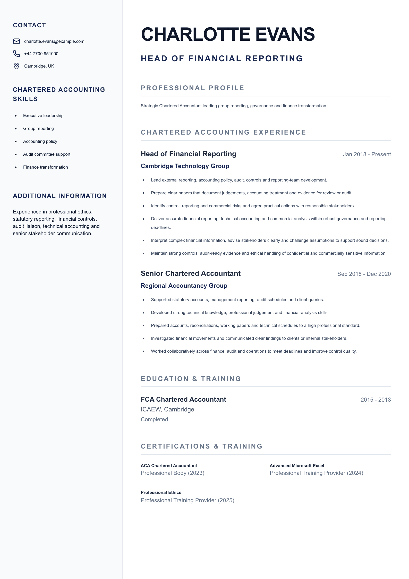 Head of Financial Reporting CV template