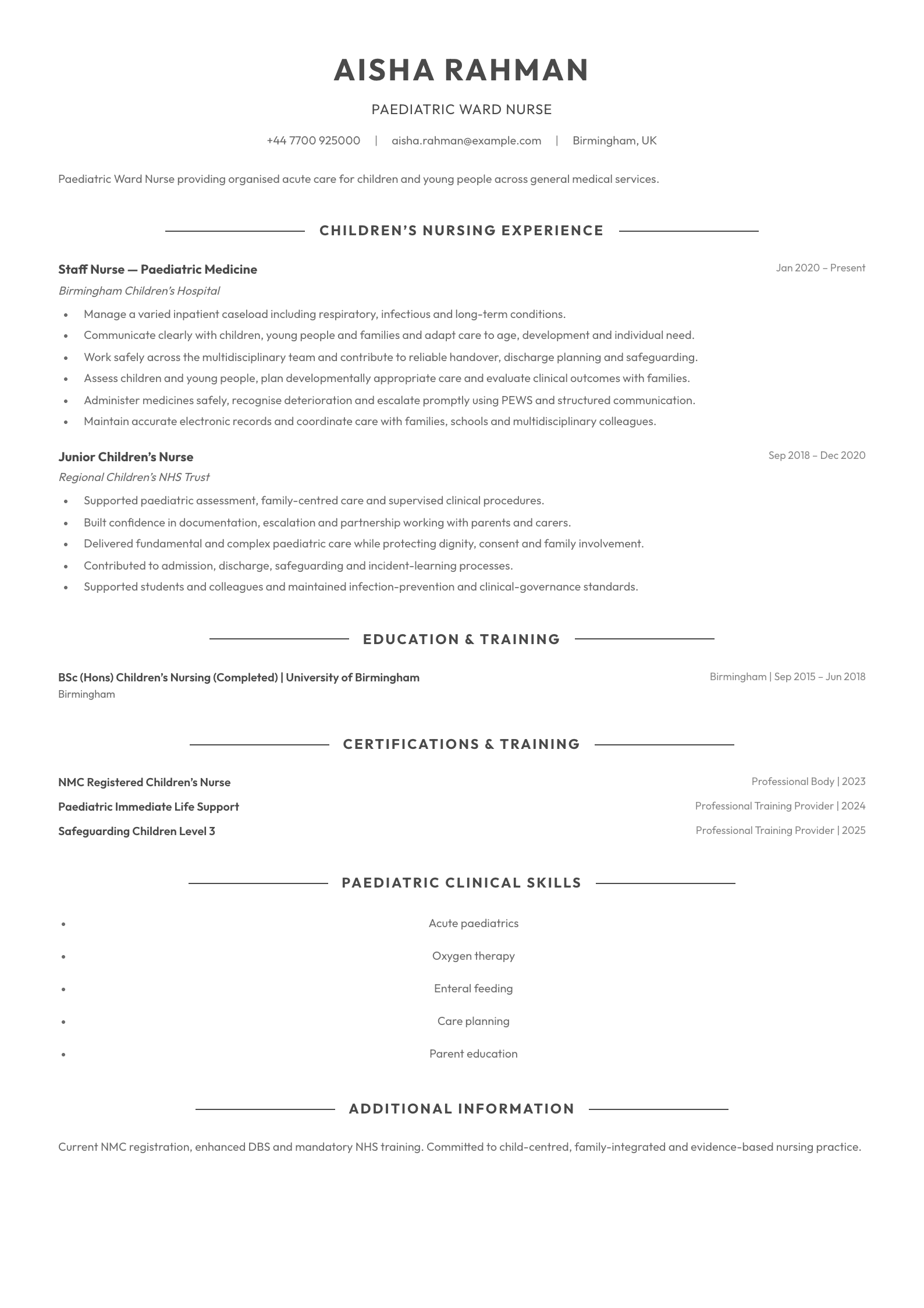 Paediatric Ward Nurse CV template