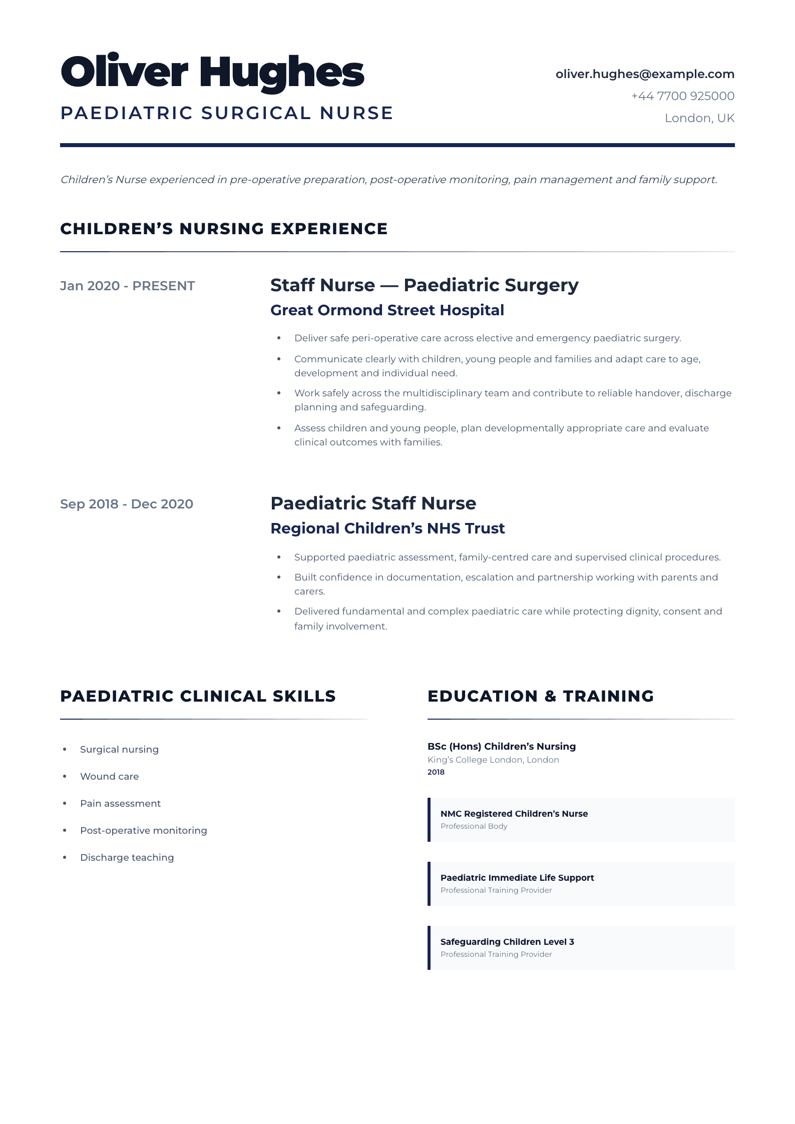 Paediatric Surgical Nurse CV template
