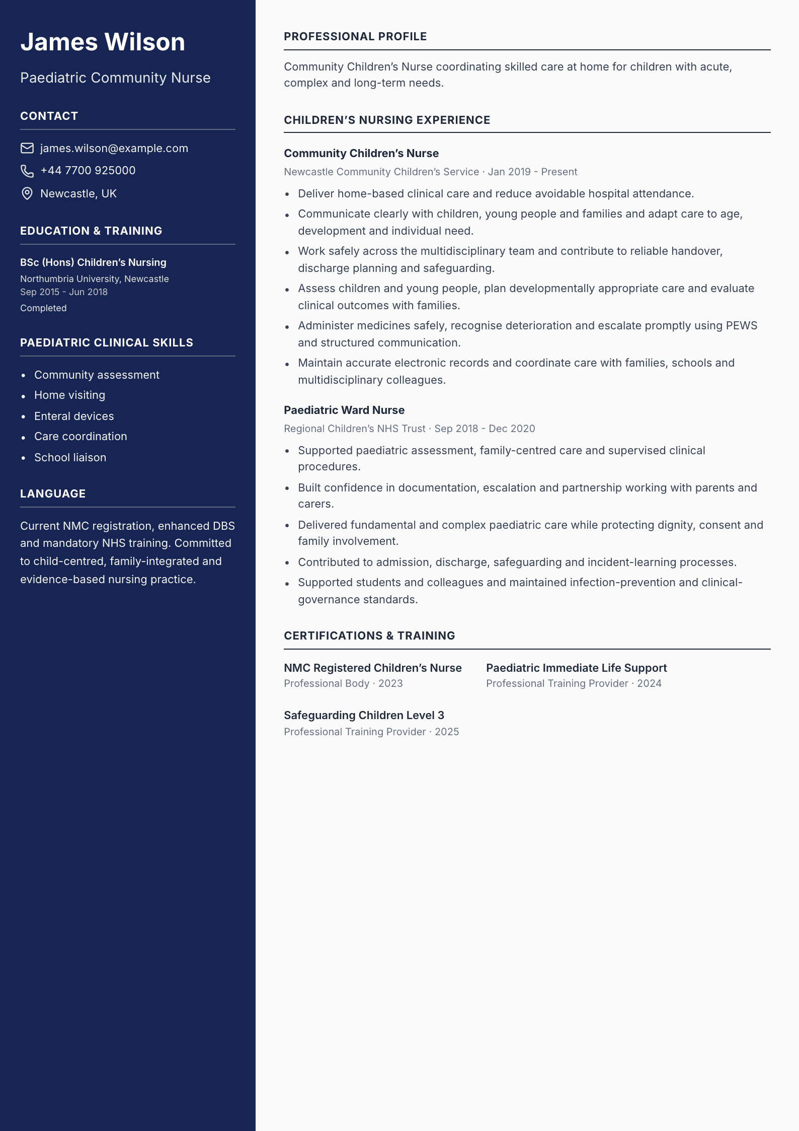 Paediatric Community Nurse CV template