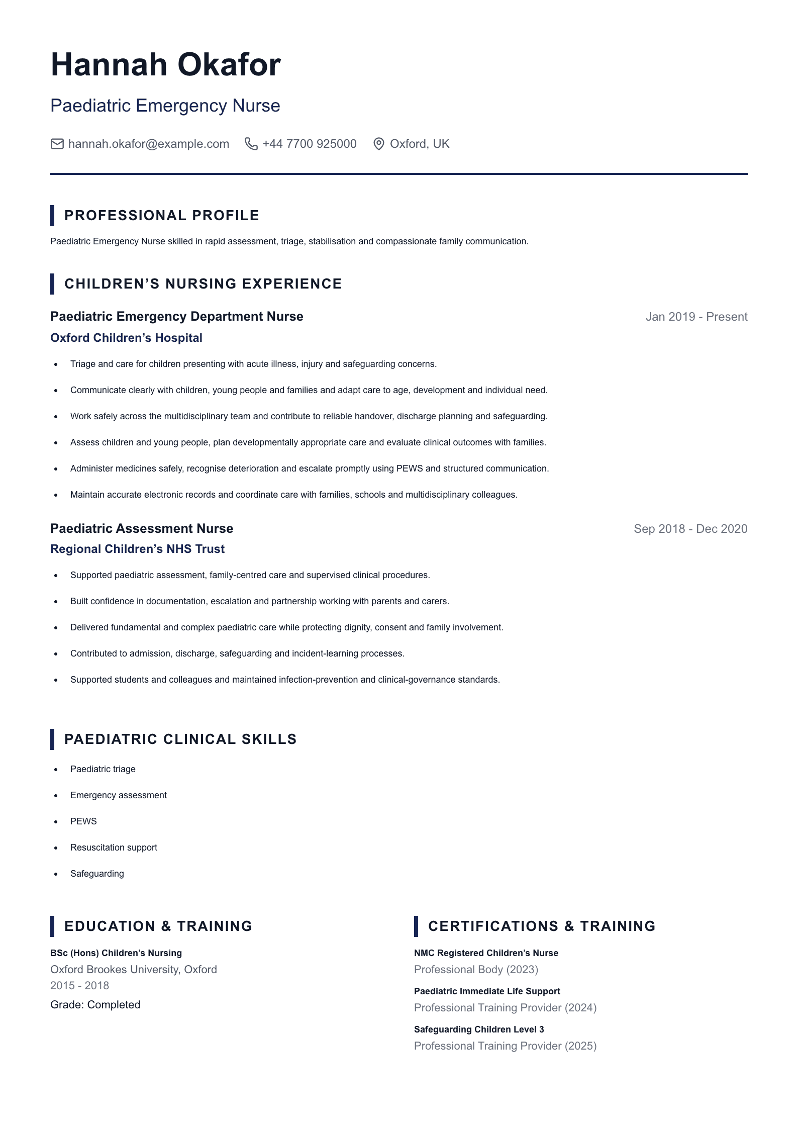 Paediatric Emergency Nurse CV template