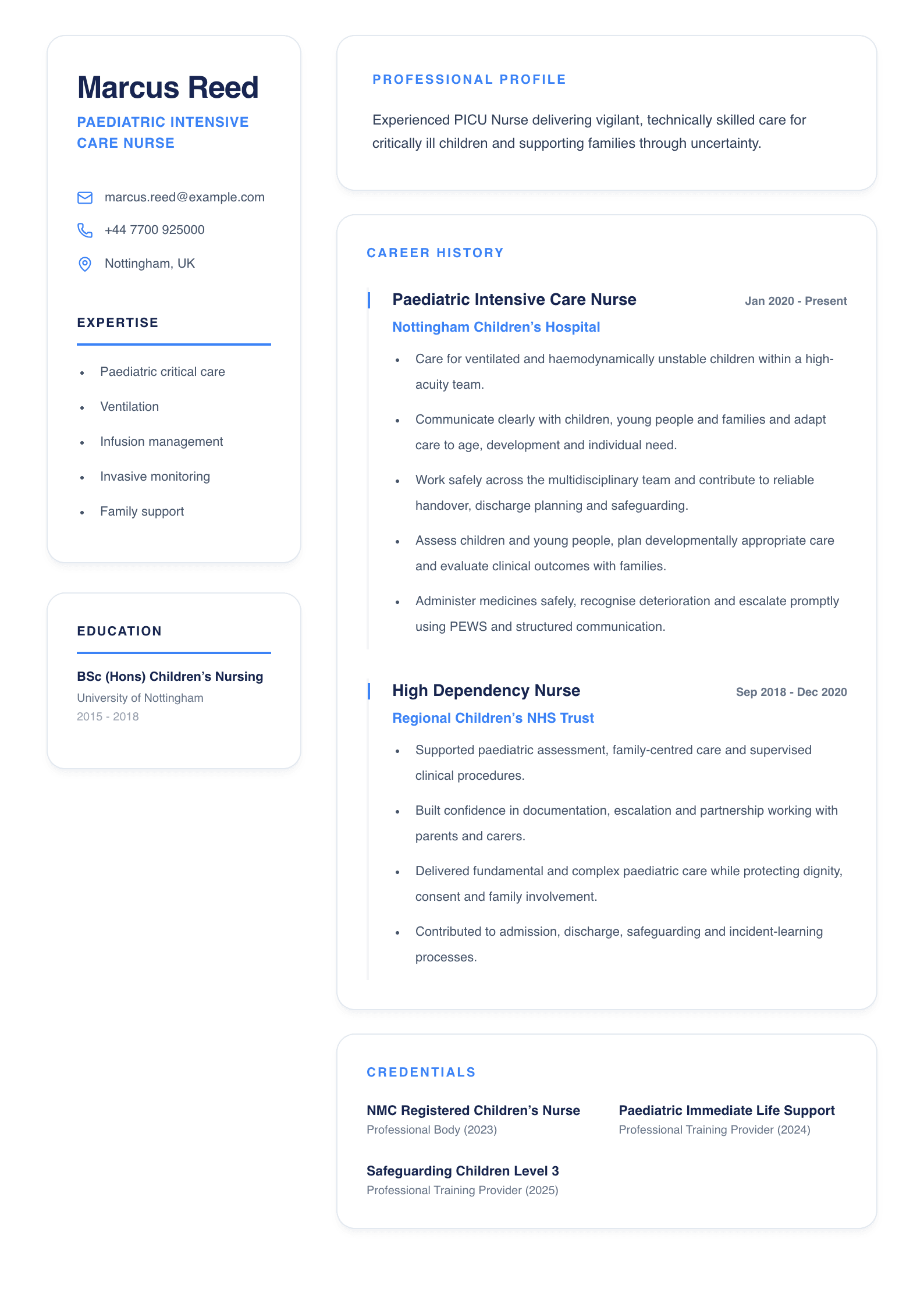 Paediatric Intensive Care Nurse CV template