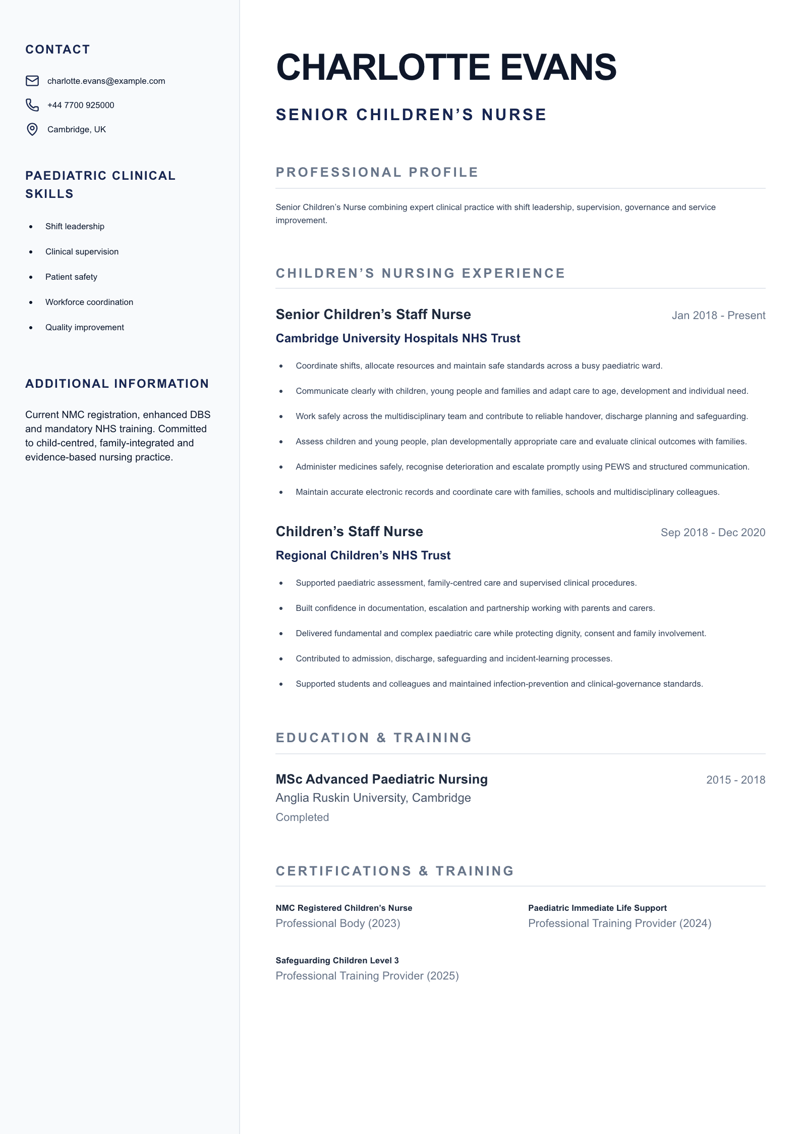 Senior Children’s Nurse CV template