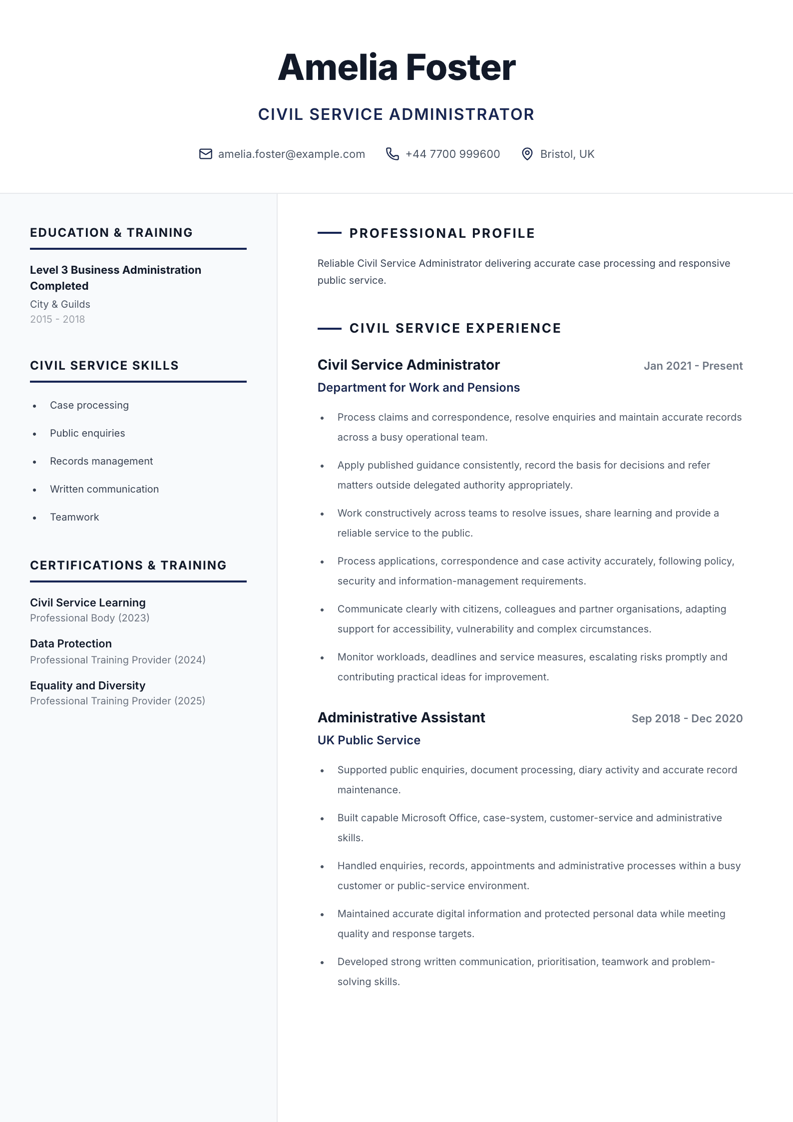 Civil Service administrator CV