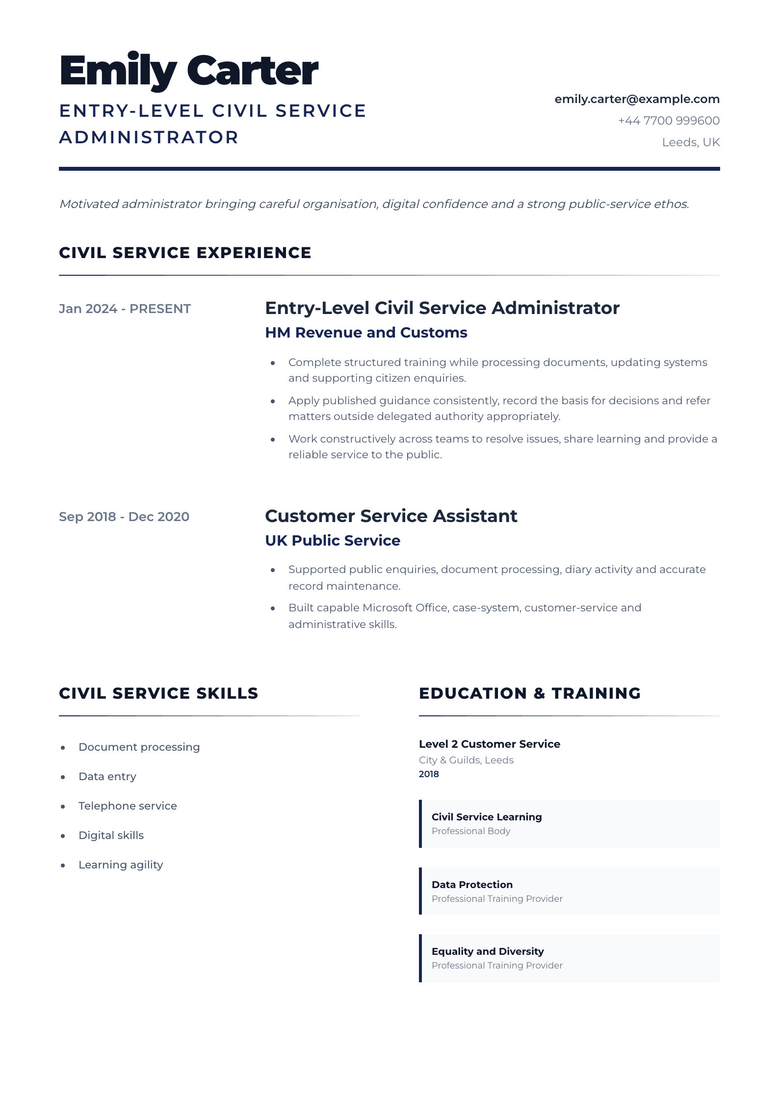 Entry-Level Civil Service Administrator CV template