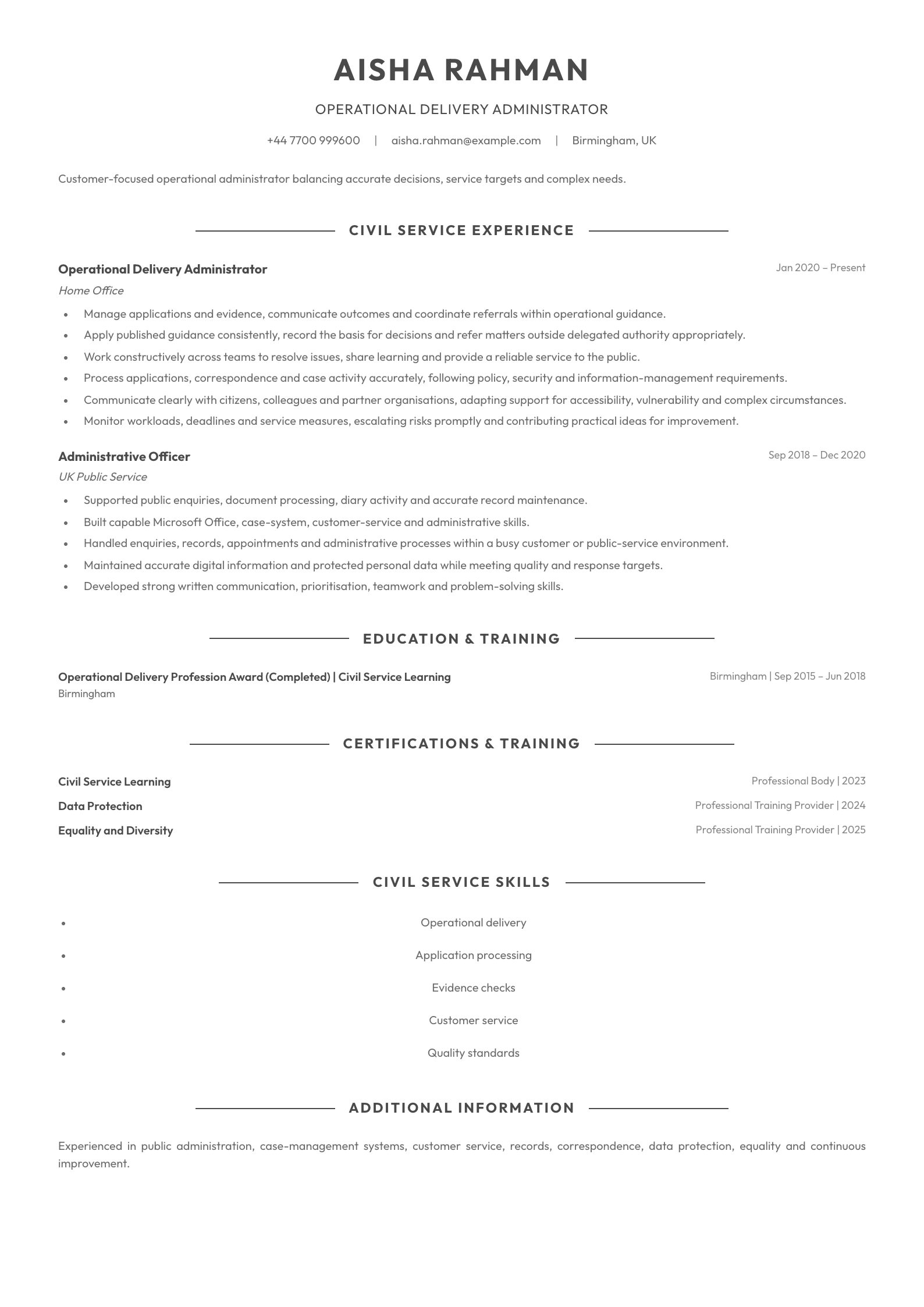 Operational Delivery Administrator CV template