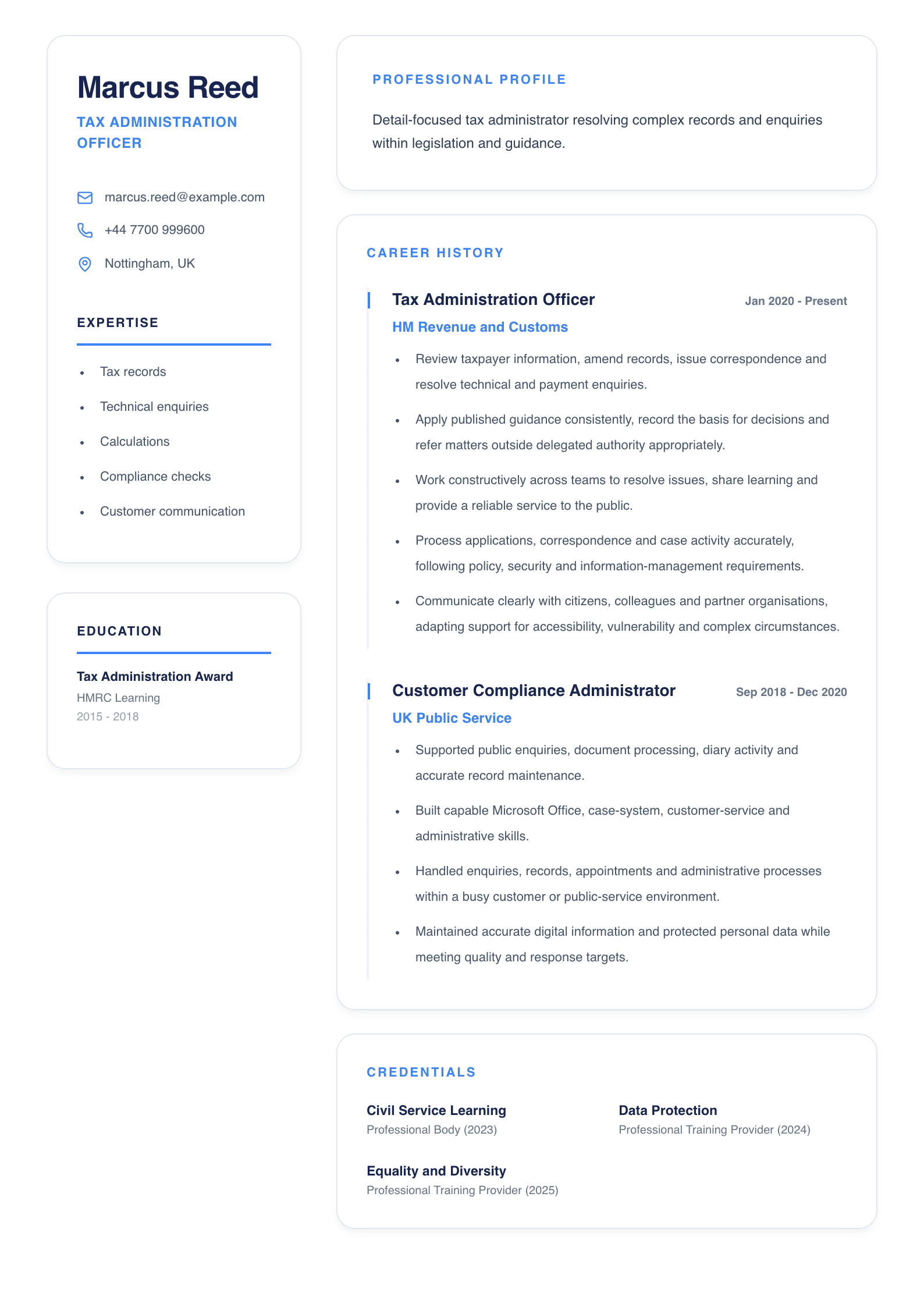 Tax Administration Officer CV template