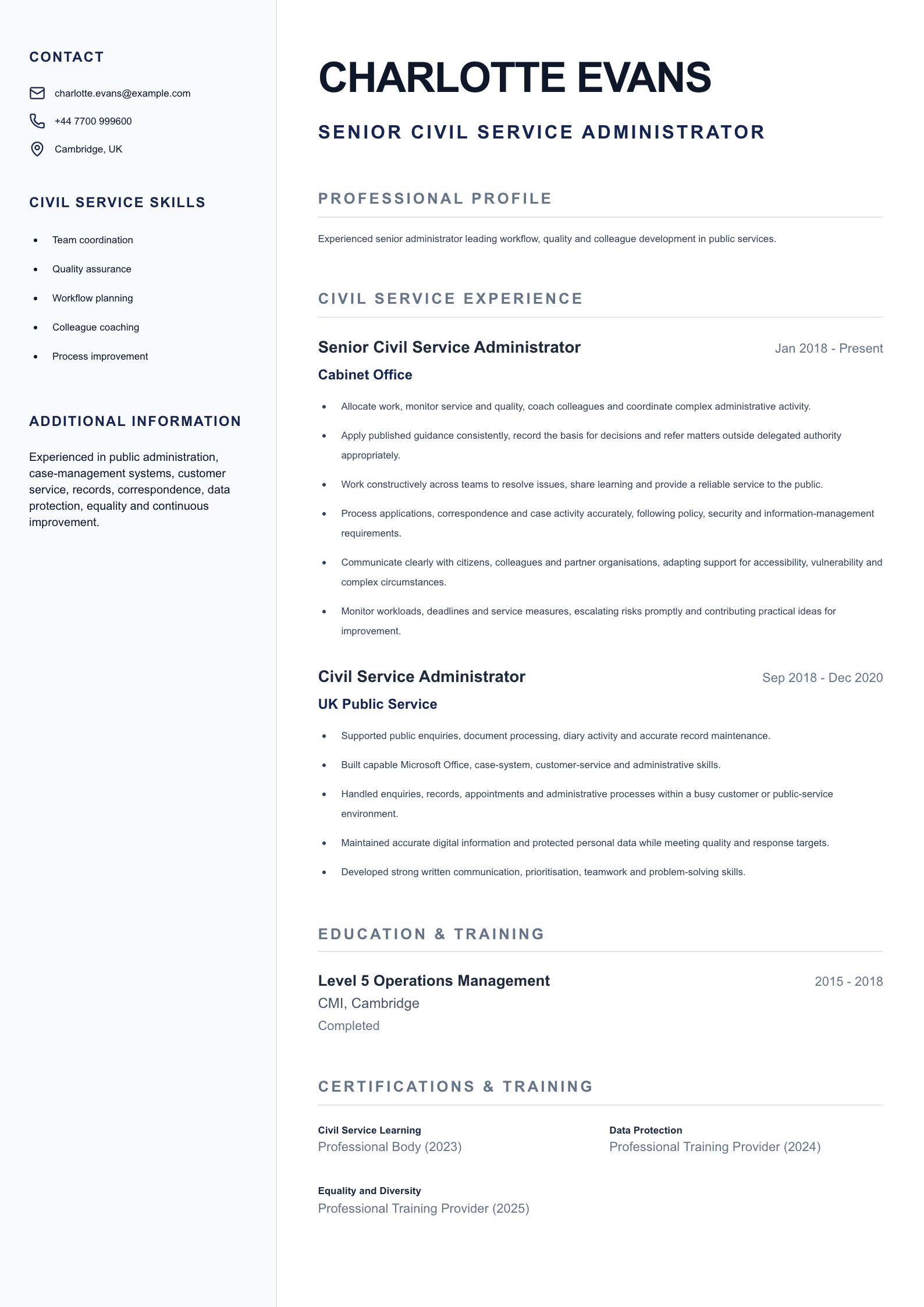 Senior Civil Service Administrator CV template