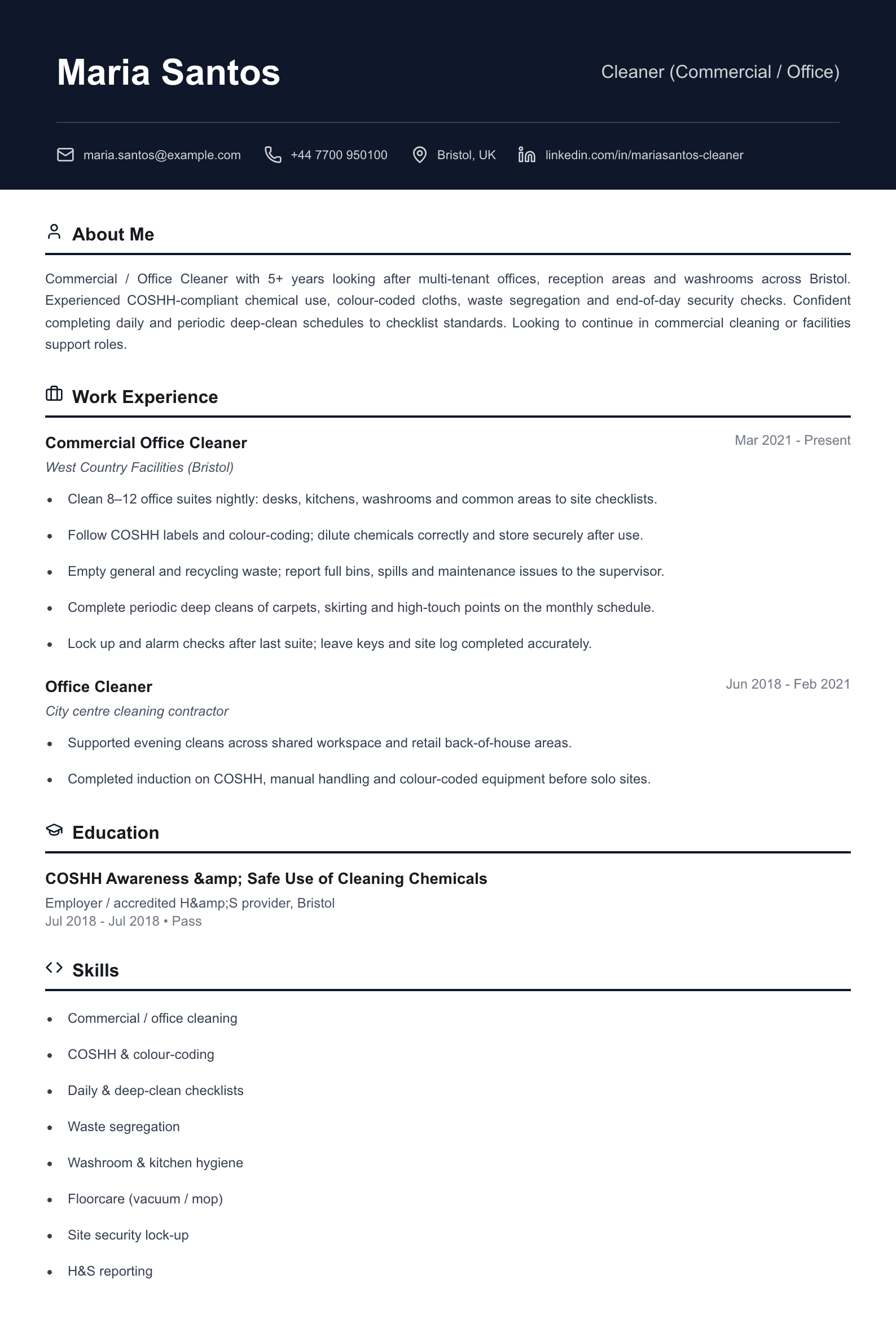 Commercial office cleaner CV template