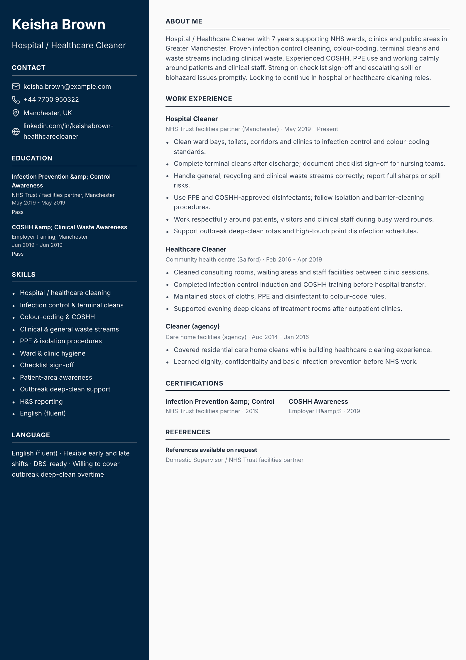 Hospital healthcare cleaner CV template