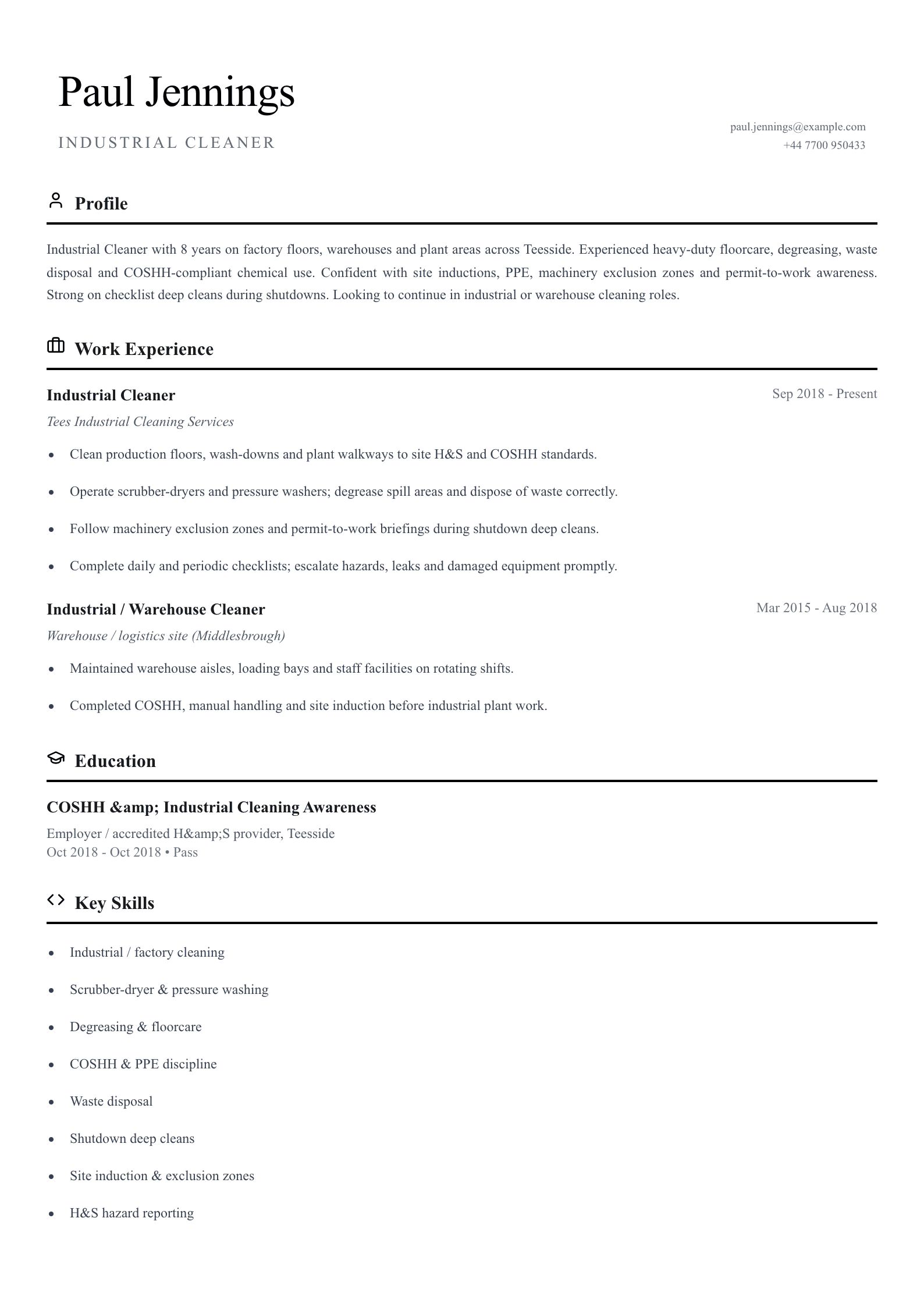 industrial cleaner cv template
