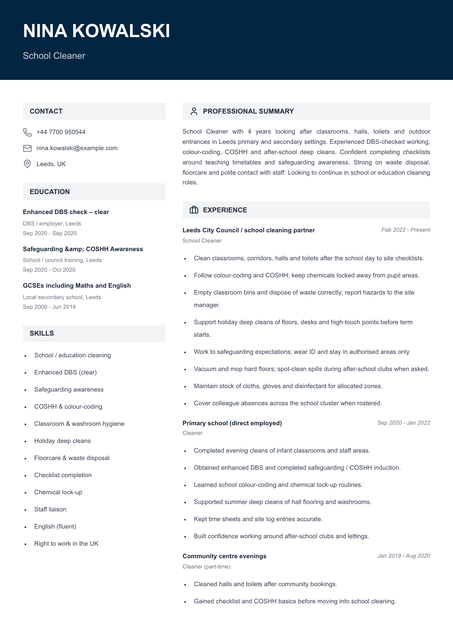 School cleaner CV template