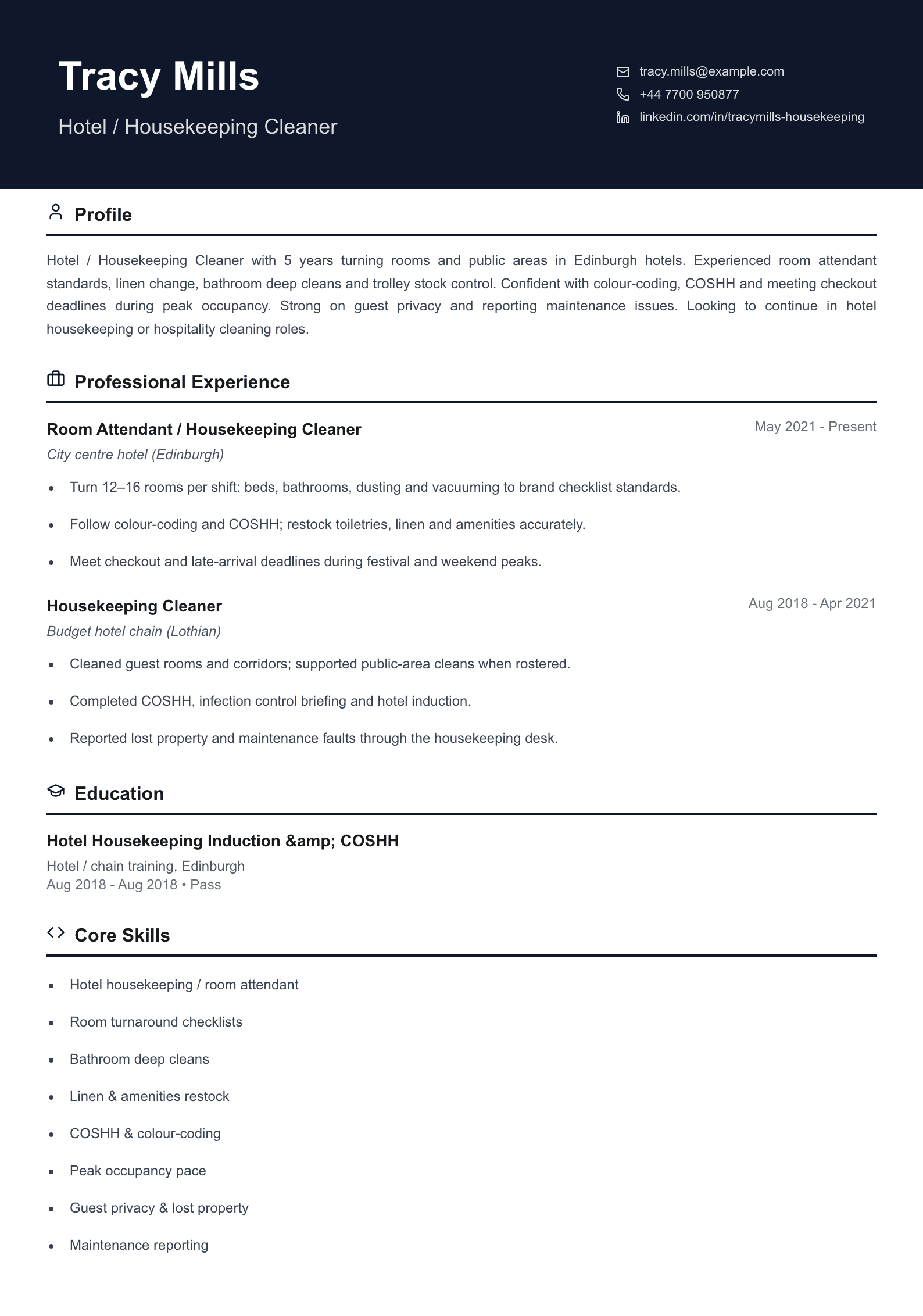 hotel housekeeping cleaner cv template