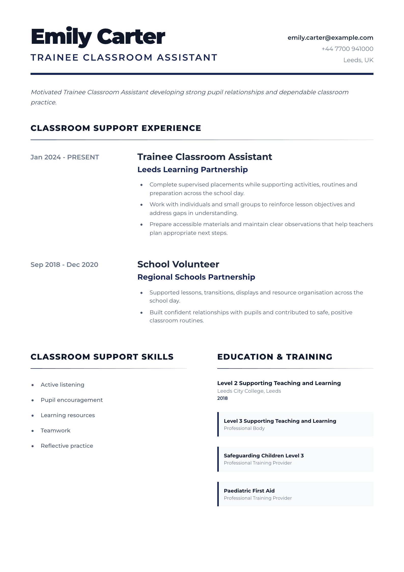 Trainee Classroom Assistant CV template