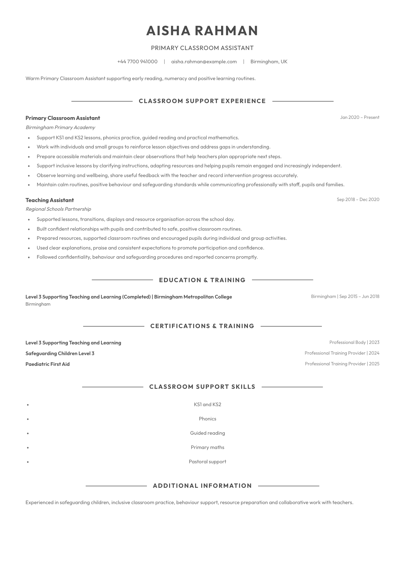 Primary Classroom Assistant CV template