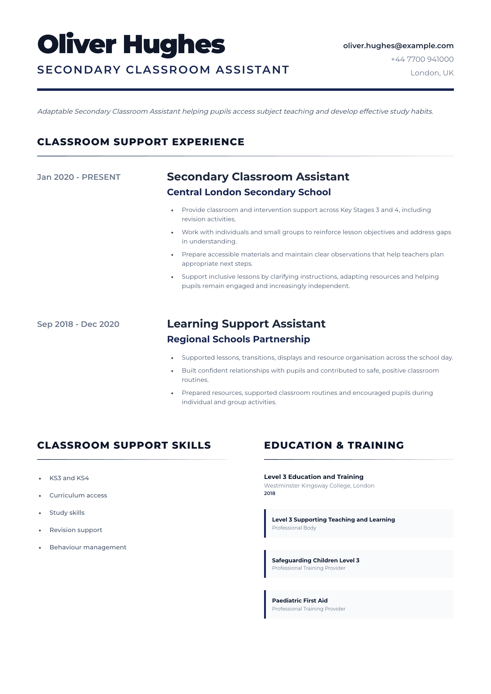 Secondary Classroom Assistant CV template