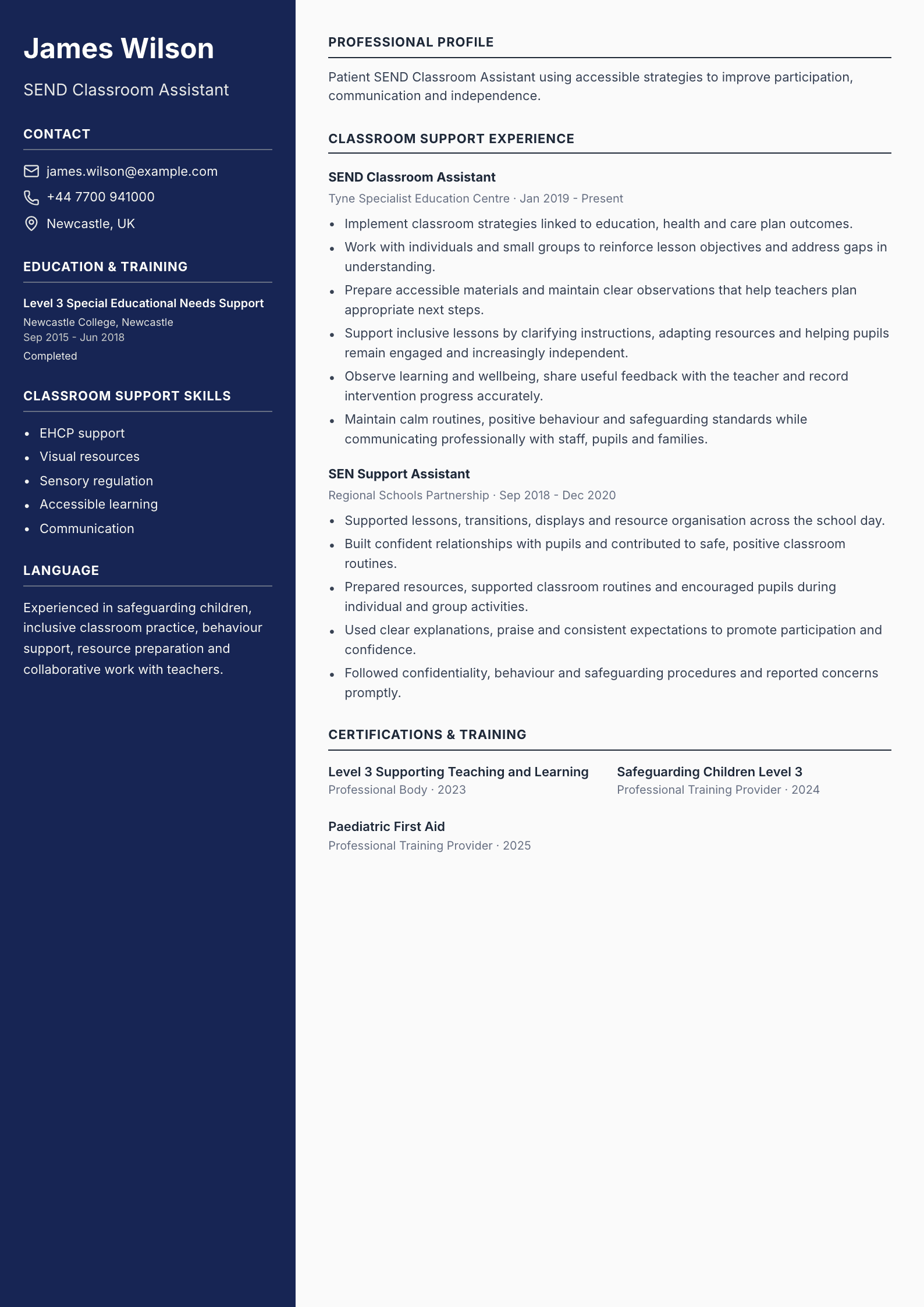 SEND Classroom Assistant CV template