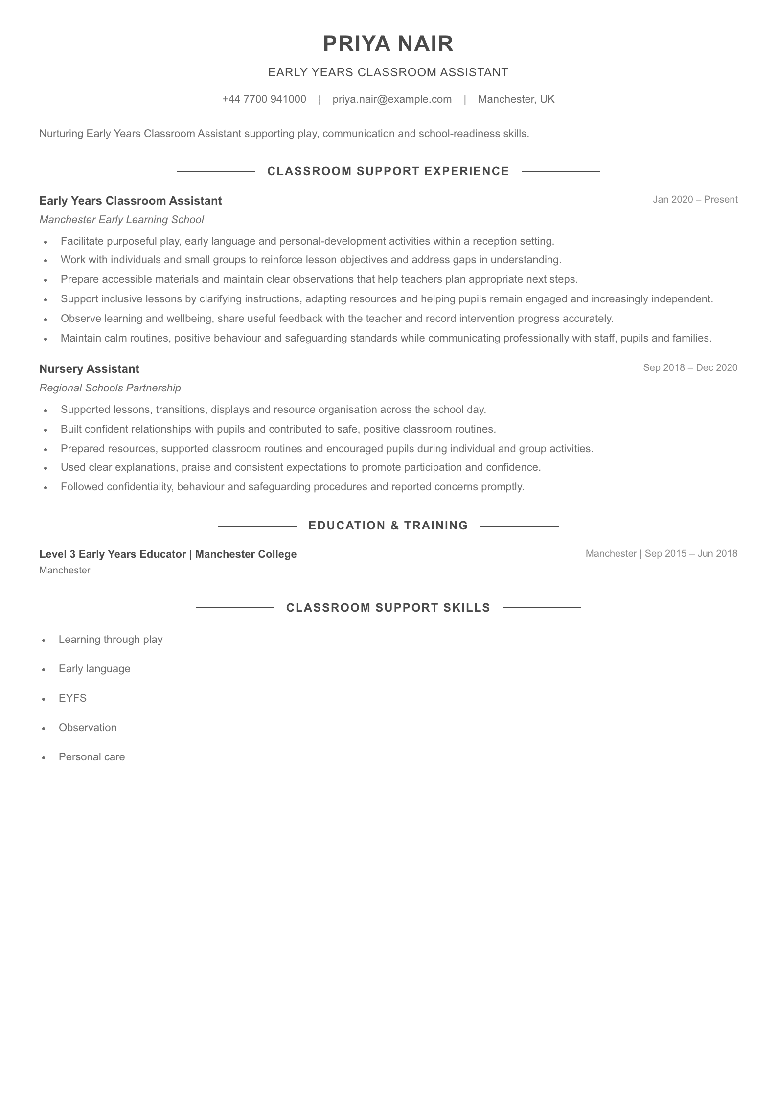 Early Years Classroom Assistant CV template
