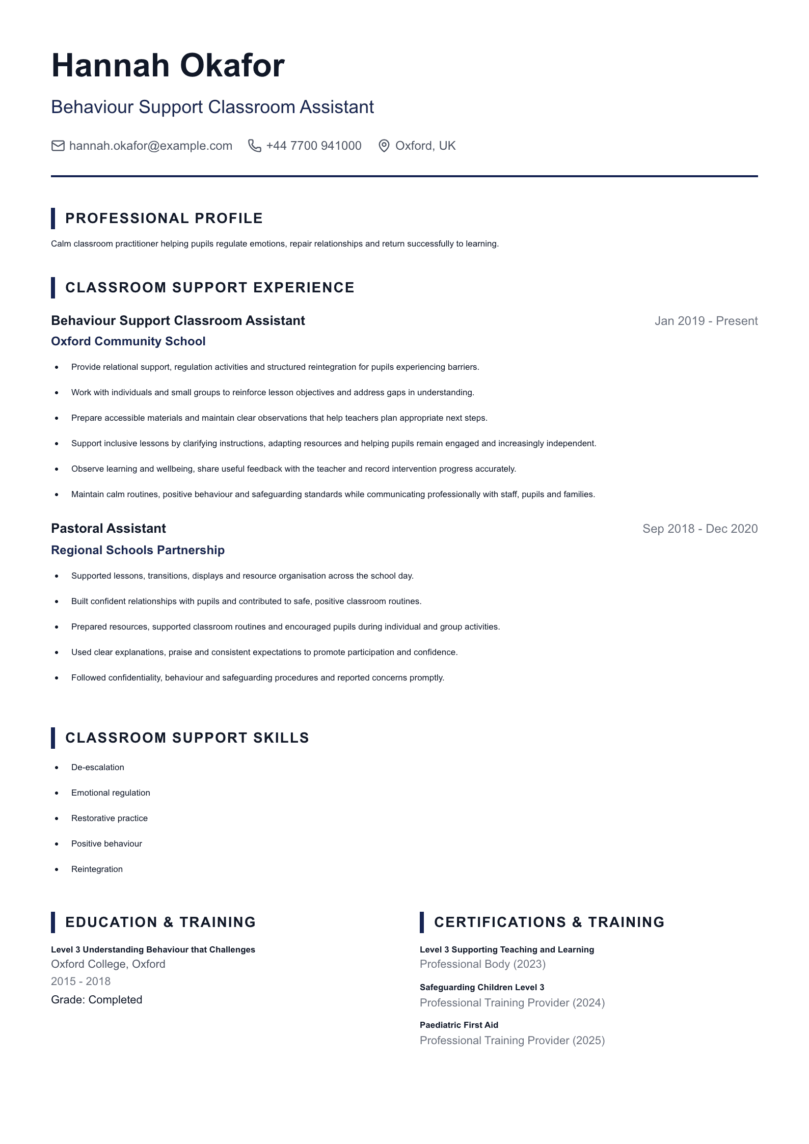Behaviour Support Classroom Assistant CV template