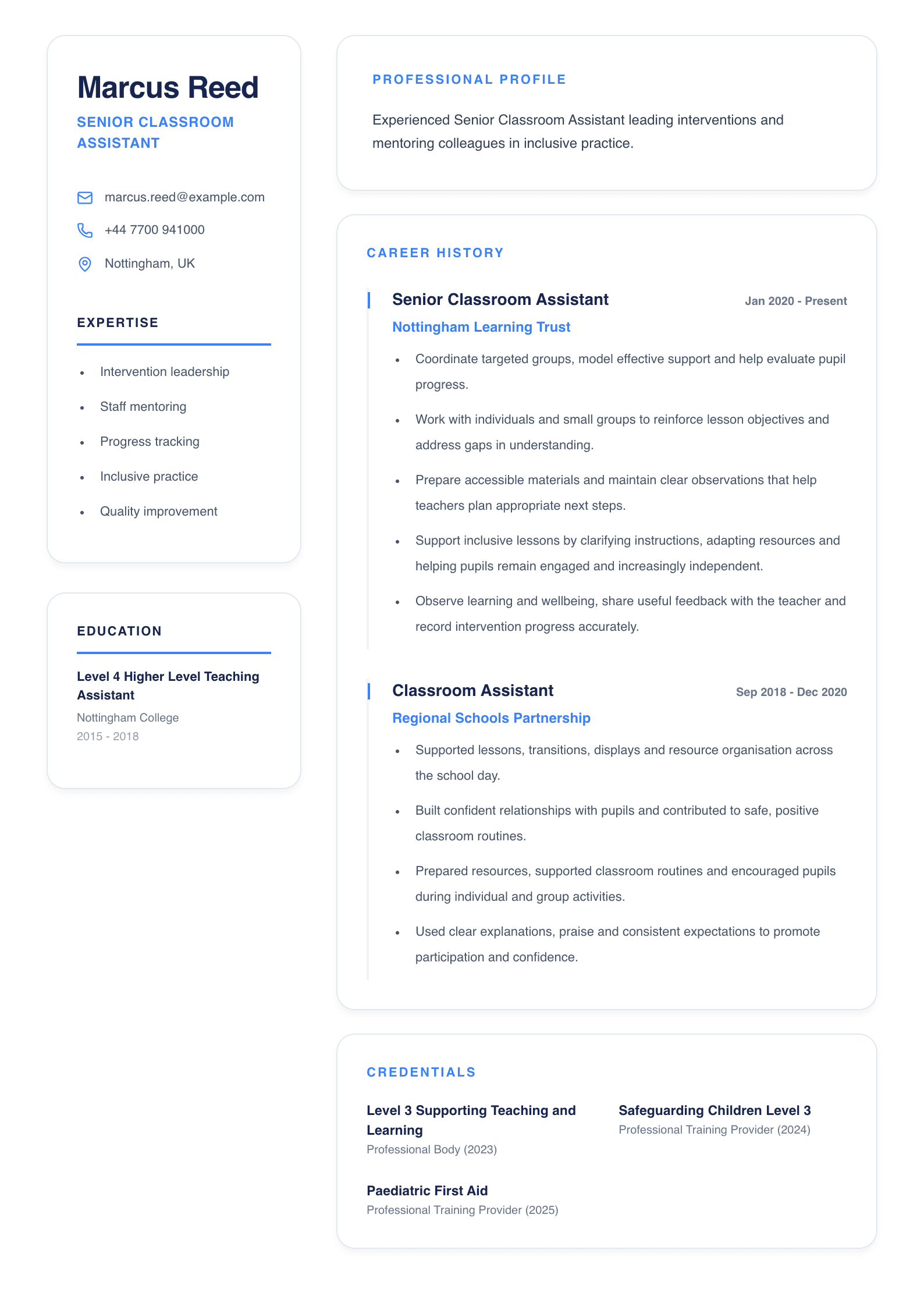 Senior Classroom Assistant CV template