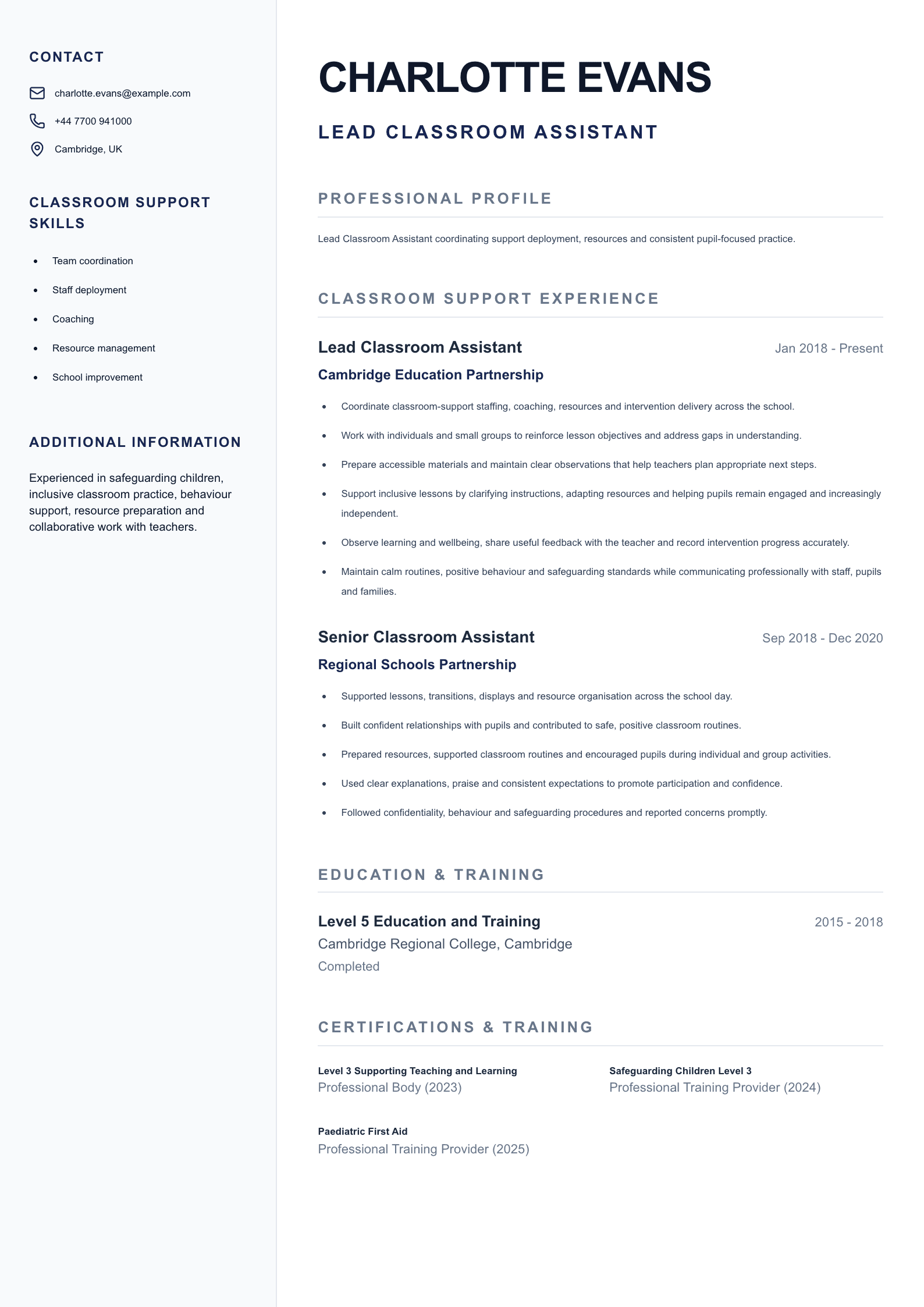 Lead Classroom Assistant CV template