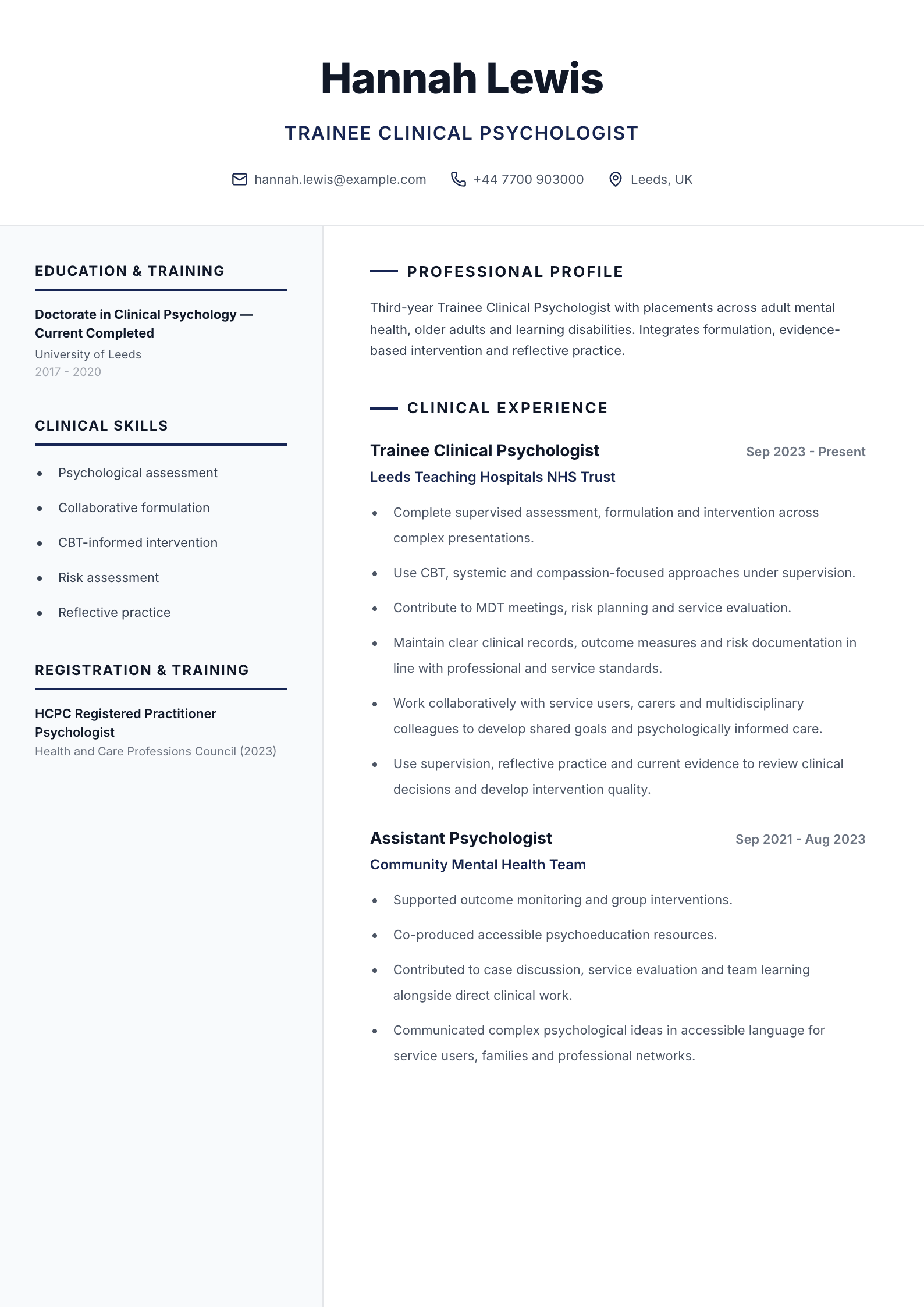 Trainee Clinical Psychologist CV template