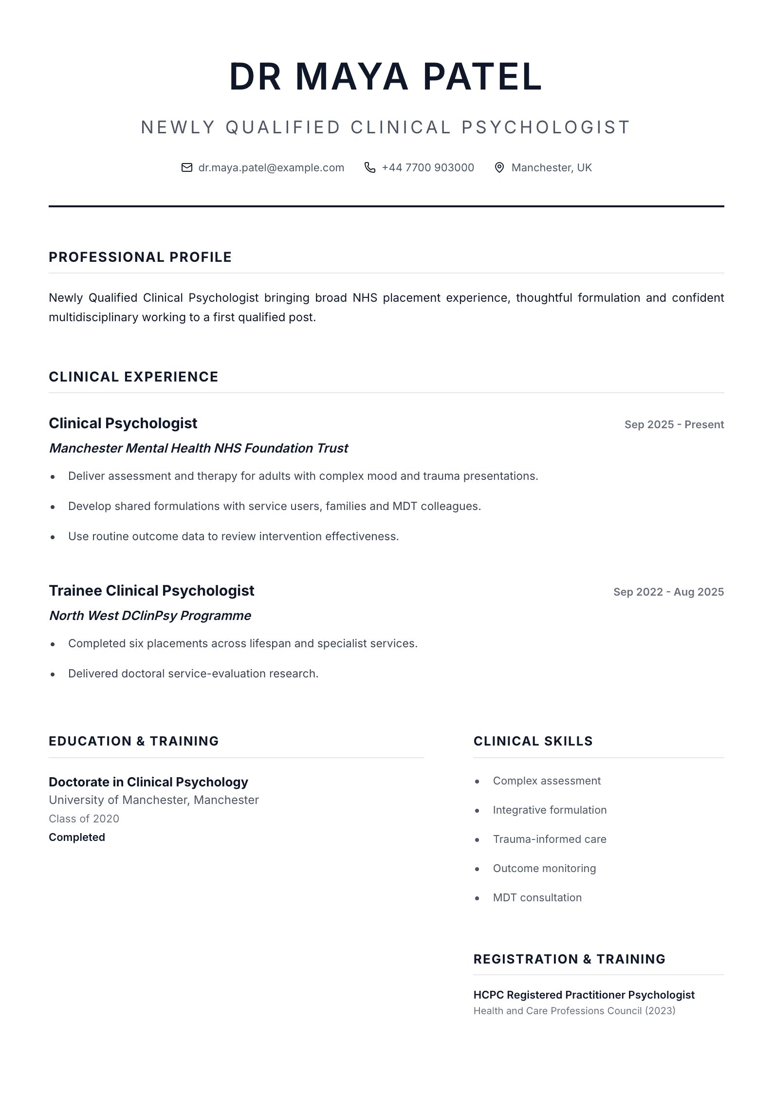 Newly Qualified Clinical Psychologist CV template