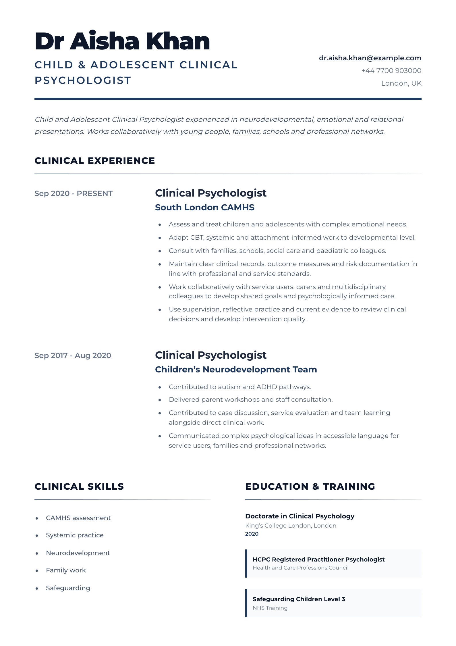Child & Adolescent Psychologist CV template